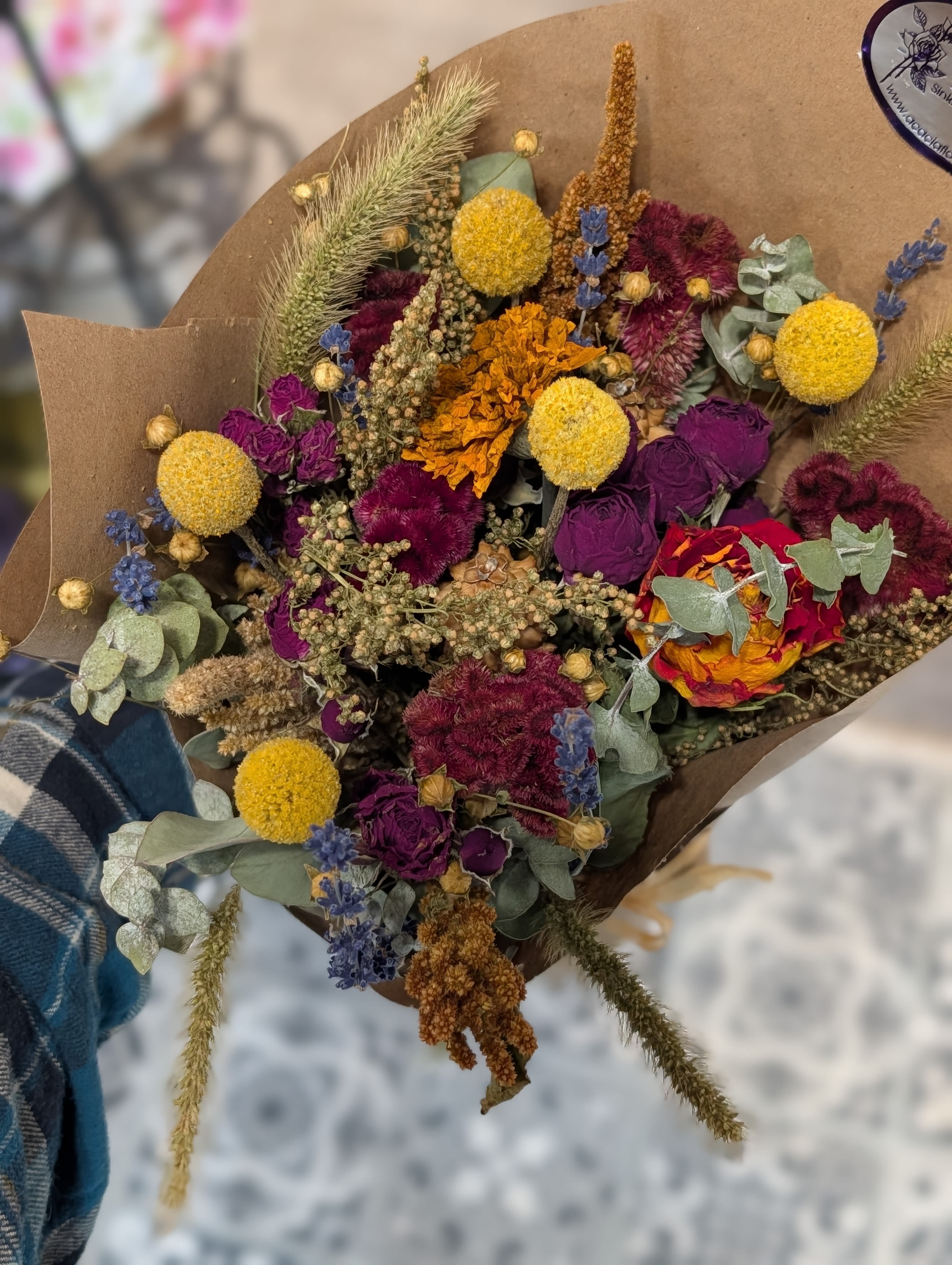 "Ring of Fire" Dried Bouquet  - Roses, burgundy celosia, marigold, roses flax seed, Billy ball and more!