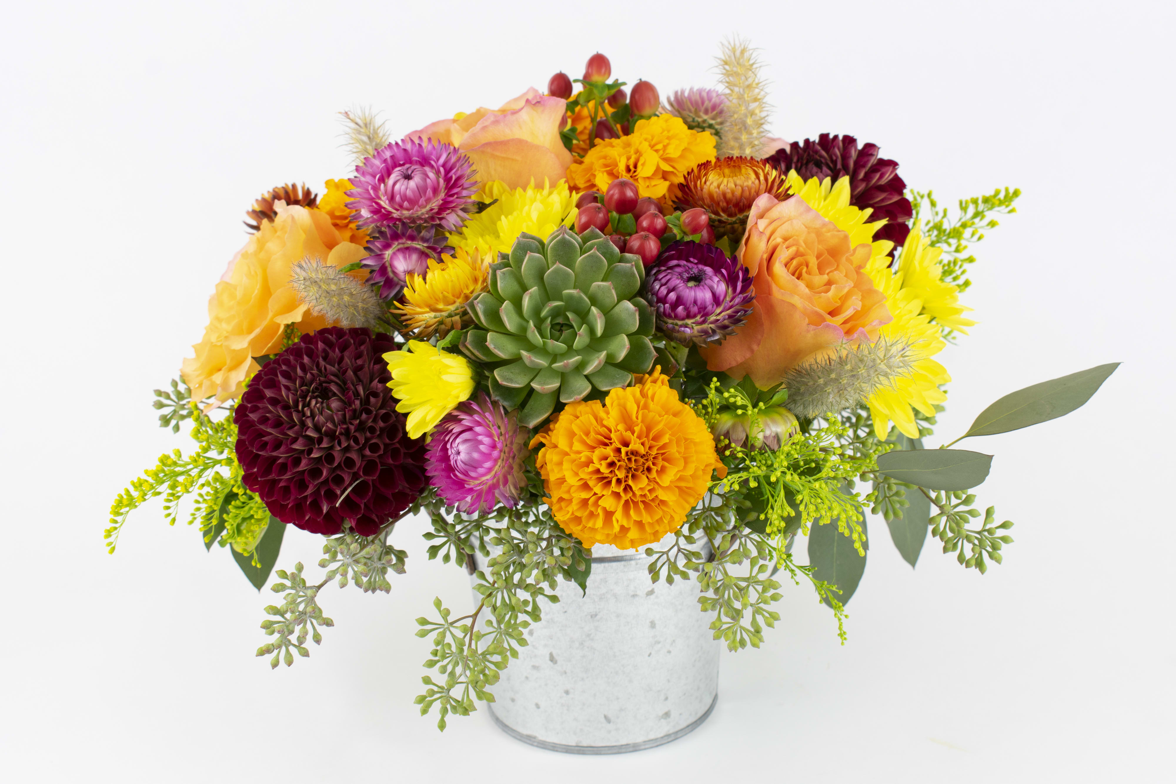 Spicy Delight - BRIGHT FLOWERS WITH DAHLIAS, ROSES, AND SUCCULENTS  Bright, fresh and fragrant. This colorful pot of flowers blends warm, jewel-like tones in rich burgundy, vivid gold, pink and vibrant orange. Reminiscent of a summer meadow, our florists use dahlias accented with premium, perfumed Free Spirit roses and frilly pink ranunculus. Straw flowers, succulents and dried grass add texture and interest to the design.  These flowers are for free spirits that love bright colors and cottage-garden flowers.  Send this bright flower pot as a happy birthday gift or a get well soon gesture. Celebrate a milestone, success or birth of a new baby. They are the perfect ‘just because’ gift for any occasion.  Why not add a greeting card or quality handmade candle to match the occasion or personality?  Spice Delight features: ·        Peachy-pink Free Spirit perfumed garden roses ·    	Seasonal red dahlias (typically available from June to mid-October). A beautiful substitute will be used outside of dahlia season. ·        Marigolds ·        Golden yellow solidago ·        Strawflowers ·        Red hypericum berries ·        Green succulents ·        Dried grasses ·        Seeded eucalyptus ·        Galvanized pail   SIZE: The STANDARD flower arrangement is approximately 8” height and 15” width.   ALLERGY ADVICE: This design is low-moderate in pollen and has a fruity fragrance.   FAQ Q: What time will my flowers arrive and what if no-one is there to accept them? A: Excellent question! We’re unable to provide or guarantee specific delivery times. All our flowers are delivered anytime between 9-5pm, with exception to Sympathy designs for a funeral service. For full details around our delivery process and timings, please see our Terms and Conditions. Q: What days do you deliver flowers? A: All our flowers are available for San Francisco and Daly City delivery seven days a week, between 9am-5pm. Q: May I order for the same day delivery? A: Yes, same day deliveries are available if you place an order before 1pm. Q: May I request to change the design a bit? A: Yes, please make a note in the SPECIAL INSTRUCTION box when you place your online order. We will do our best to follow them. Q: Will my flowers look exactly as what is pictured? A: Depending on the season, colors or shades may vary. Sometimes we need to substitute flowers due to seasonal availability, but they’re always substituted for the same or greater value.   Ready to bring floral beauty into someone’s world with our beautiful Spice Delight flower pot? Order this gift online now or give us a call on (415) 752-2060 if you have a question or special request. 