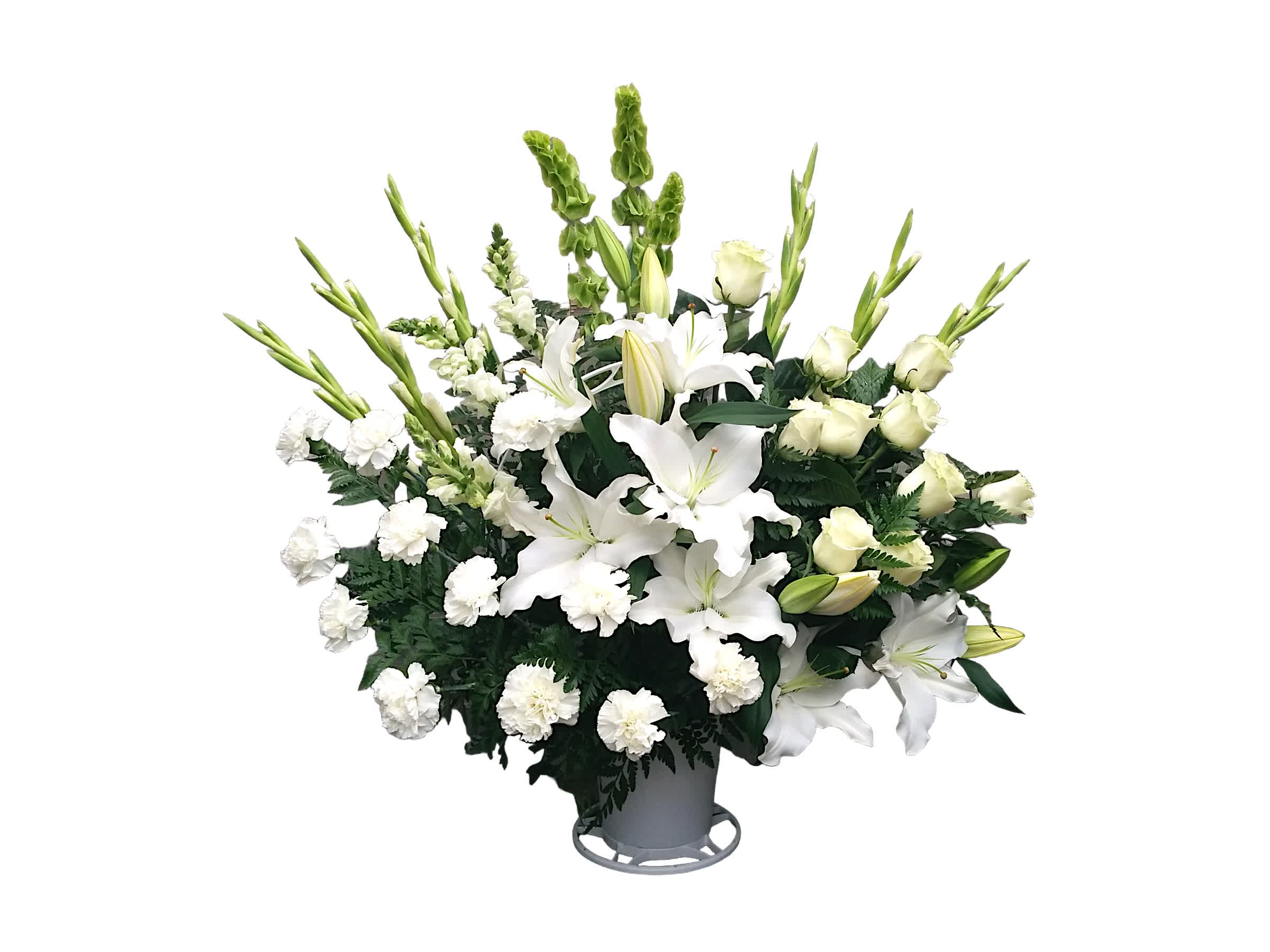 Joyful Sorrow Basket - An expertly designed basket of roses lilies and carnation. This type of design is usually approximately 5 - 6 ft tall and is meant for funeral services ONLY. This design includes a free banner (please include a banner sign in the Special Instruction Box or Message Box with the title “BANNER”).  In the event a banner space is left blank for any reason, ONLY a card message will be included. Banners are printed in a black 2.5-inch wide ribbon with silver ink. Currently, we don't offer any other colors. If the service is the same day as the order was placed we cannot guarantee delivery by a certain time. And flowers will be delivered during normal business hours.  To ensure the delivered flowers match the displayed photo as close as possible we recommend ordering 3-5 days in advance. For the same or next day deliveries, we reserve a right to substitute flowers with the same or greater value.