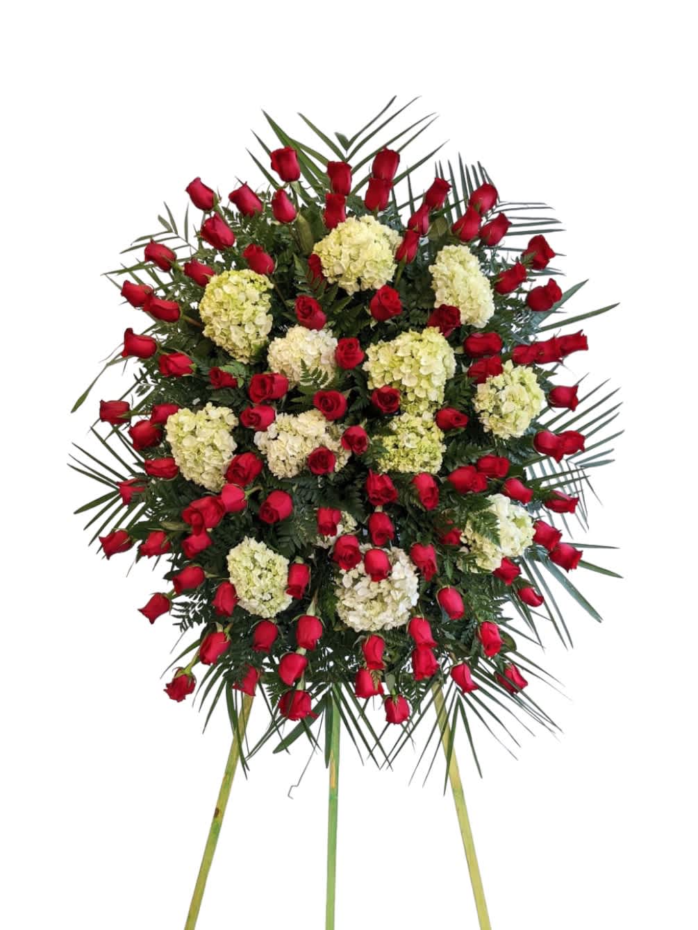 Everlasting Love Spray - Everlasting Love Standing Spray includes: Red Roses White Hydrangeas  Colors can be altered based on availability.   This type of design is usually approximately 5 - 6 ft tall and is meant for funeral services ONLY. This design includes a free banner (please include a banner sign in the Special Instruction Box or Message Box with the title “BANNER”).  In the event a banner space is left blank for any reason, ONLY a card message will be included. Banners are printed in a black 2.5-inch wide ribbon with silver ink. Currently, we don't offer any other colors. If the service is the same day as the order was placed we cannot guarantee delivery by a certain time. And flowers will be delivered during normal business hours.  To ensure the delivered flowers match the displayed photo as close as possible we recommend ordering 3-5 days in advance. For the same or next day deliveries, we reserve a right to substitute flowers with the same or greater value. Please read our substitution policies below.