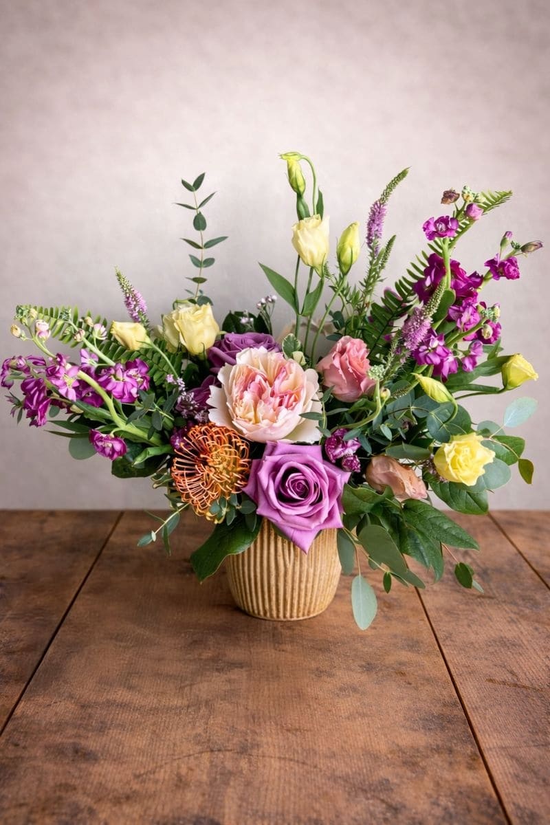 Hami's Exotic Garden  - This elegant vase is filled with a beautiful arrangement of purple and yellow flowers, creating a stunning contrast that will brighten up any room. The vibrant colors and fresh blooms make it a perfect centerpiece for any occasion, adding a touch of natural beauty to your space.  A unique arrangement hand created by our experienced designers. Please note that every design is custom made and substitution to container and flower types may happen from time to time. Design aspects will always stay the same, but if needed, we will substitute with flowers of equal or greater value to offer you a great floral shopping experience! Our flowers are 100% guaranteed. Please call us with any questions or concerns.