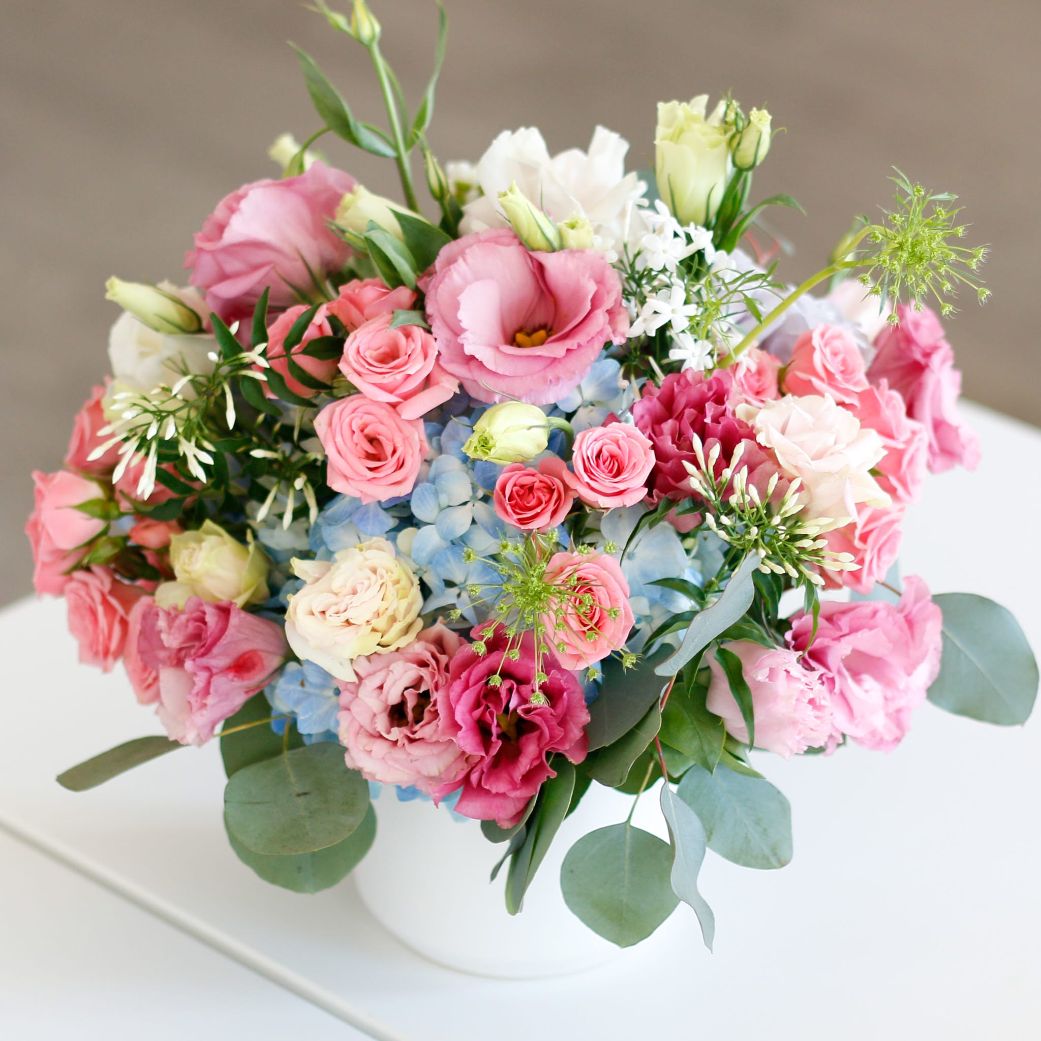 Beautiful Love  - Blue and pink theme Blue hydrangea and Lisianthus go together to make a beautiful, lovely flower arrangement.