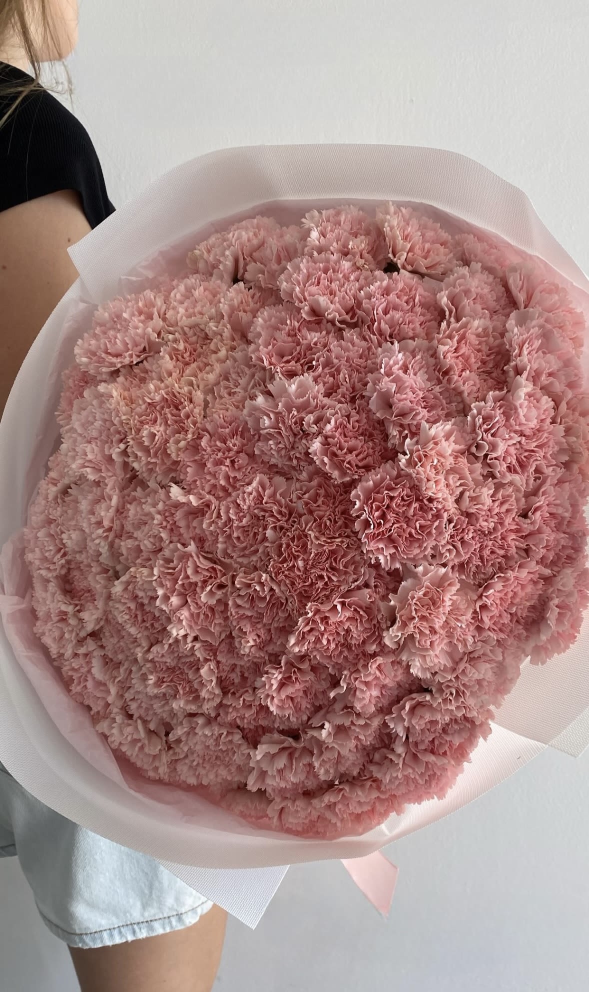 A Grand Bouquet of 100 Pink Dianthus - There are flowers that never fail to impress with their elegance and refinement. Among them are dianthus blooms — exquisite carnations that captivate with their beauty and resilience. And when not just a handful, but 100 soft pink flowers come together, the result is a truly breathtaking arrangement that leaves no one indifferent.  Pink dianthus symbolizes tenderness, admiration, and sophistication. Their airy, lace-like petals evoke a sense of romance and delicacy. In a bouquet of one hundred blooms, they create a harmonious cloud of gentle pink shades, where each flower enhances the beauty of the others.  A large bouquet of 100 pink carnations is more than just a gift — it is a grand gesture, a floral masterpiece, and a striking expression of feelings. It makes a powerful impression and is perfect for  Dianthus flowers are admired not only for their charm but also for their longevity. They retain their freshness for many days, bringing lasting beauty and joy. This makes the bouquet not only stunning at first sight but also a delightful companion for days to come.  One hundred pink dianthus represent tenderness on a grand scale — a wish to bring happiness and light through the most graceful floral expression. This bouquet becomes the centerpiece of any celebration and a cherished memory for years to follow. 