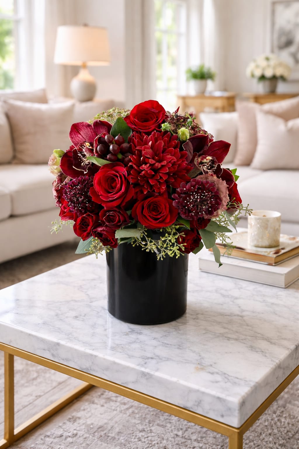Only You - Only You is a bold, romantic statement designed to leave a lasting impression. This lush arrangement features premium red roses, rich burgundy blooms, and textural accents artfully designed in a sleek black ceramic cylinder vase for a modern, elevated look.  Deep crimson tones symbolize passion and devotion, while layered textures—from velvety petals to delicate greenery—create dimension and depth. The compact, rounded design makes it perfect for coffee tables, entry consoles, or office desks, offering luxury without overwhelming the space.  Handcrafted with premium seasonal blooms, Only You is ideal when you want your gesture to feel intentional, meaningful, and unforgettable.  Substitutions may occur based on seasonal availability, but the overall color palette and value will always be maintained to ensure the same rich, romantic aesthetic.