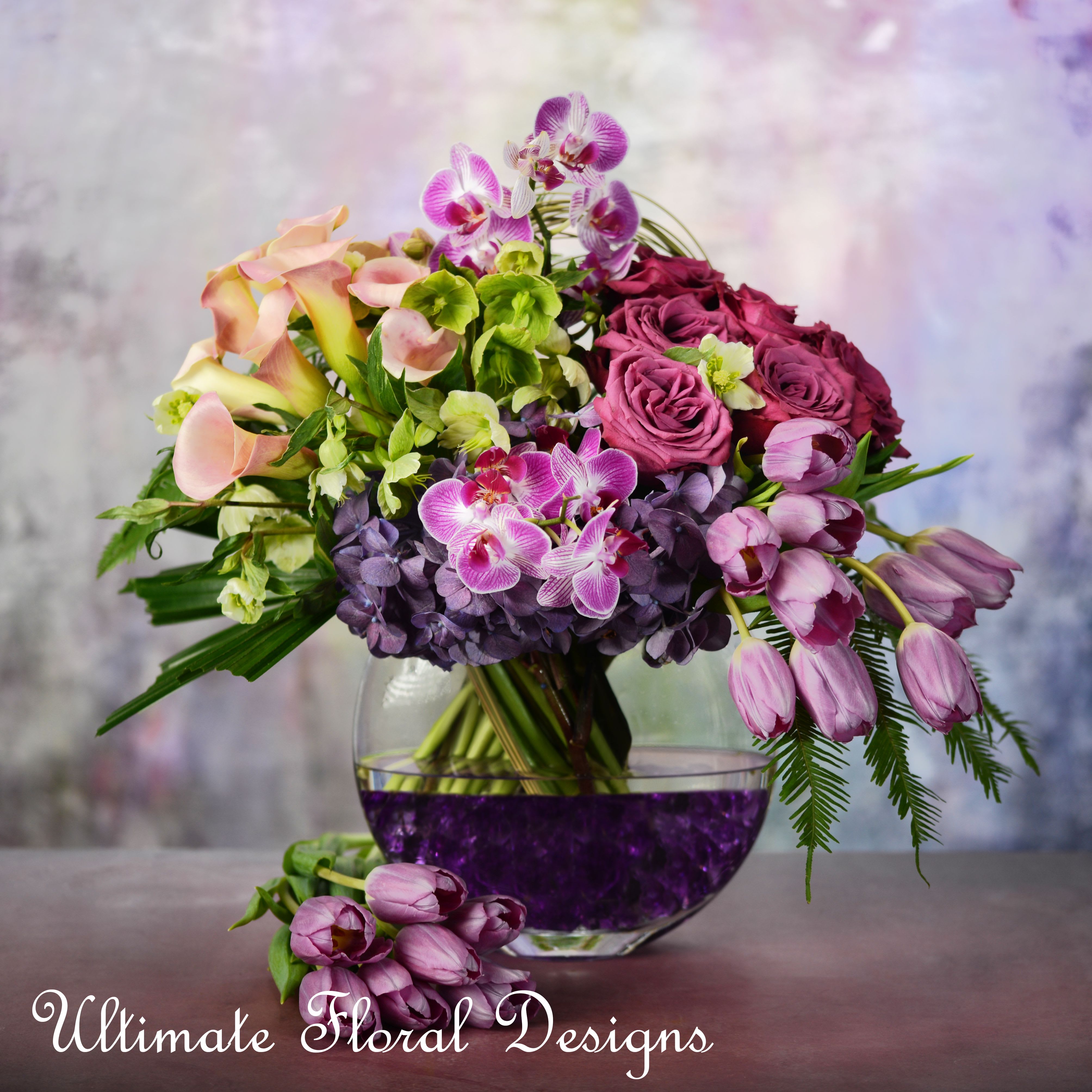 floreale moderno - “She sprouted love like flowers, grew a garden in her mind, and even on the darkest days, from her smile the sun still shined.” – Erin Hanson Calla lily. Helleborous,Tulip, Blueberry roses, Orchids, Hydrangea