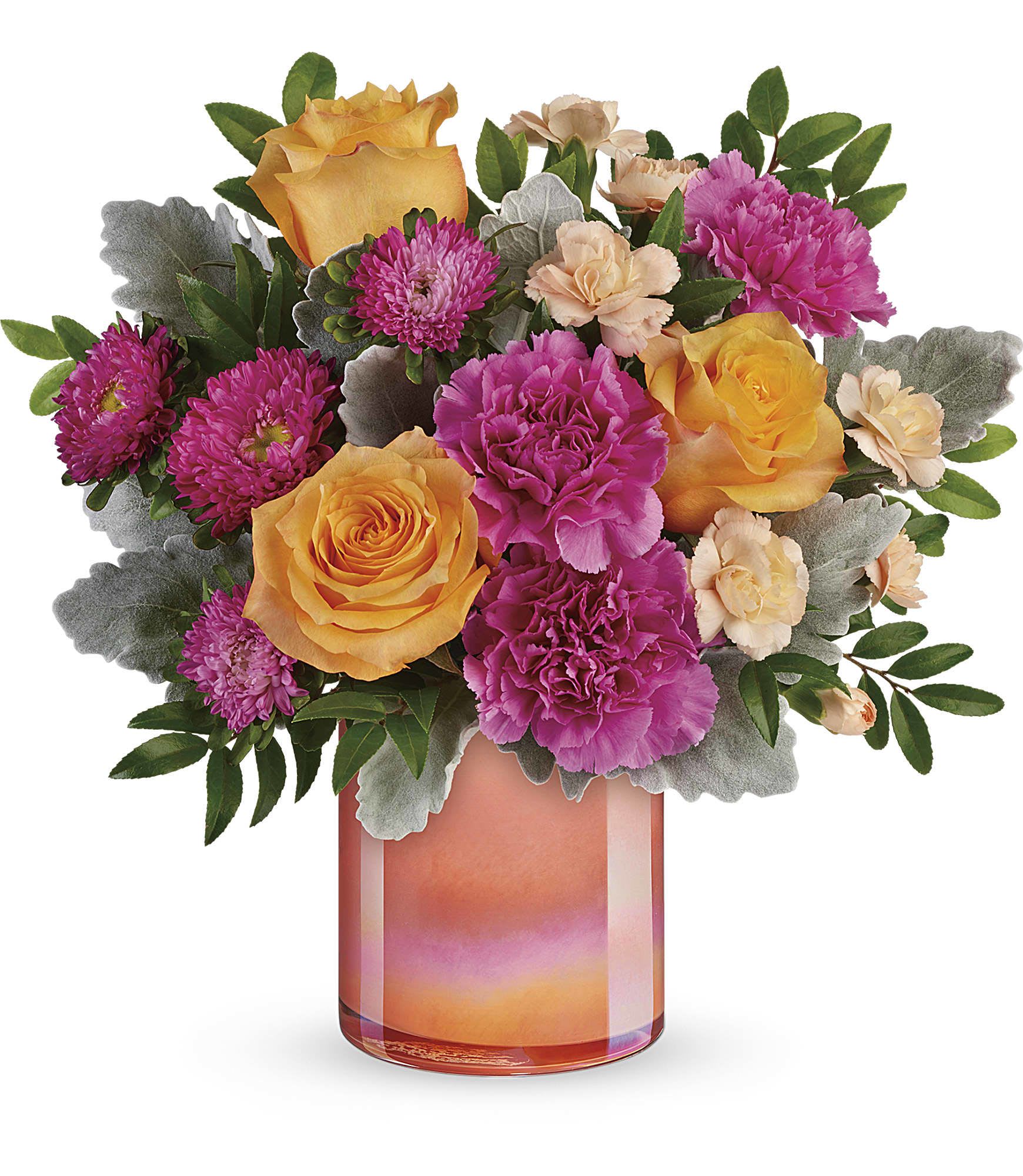 Teleflora's Perfect Spring Peach Bouquet - Just peachy! Celebrate spring with this lush orange and pink bouquet, artfully gathered in a sunset-inspired peach glass vase with shimmering pearlized finish. Approx. 12 W x 12 H