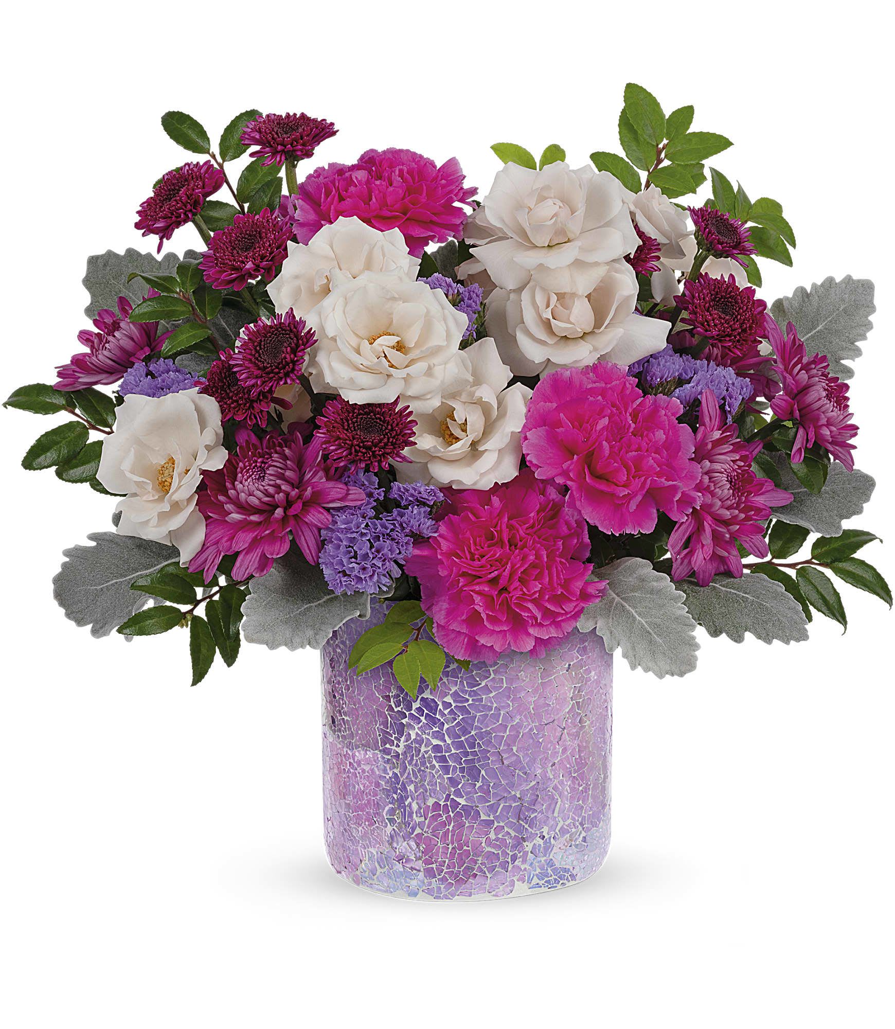 Teleflora's Shining Beauty Bouquet - Go for the glam with a gift that sparkles as brightly as they do--a breathtaking rose bouquet in a vibrant mosaic glass keepsake vase. Approx. 13 1/4 W x 12 1/4 H