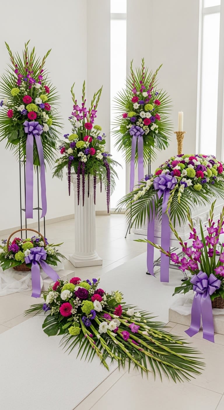 Eternal Bouquet Funeral Set - Two standing sprays, a basket floor arrangement, a lush and garden design of lavender, green , purple, Fuchsia and touch of white flowers. Clean and modern designs. 