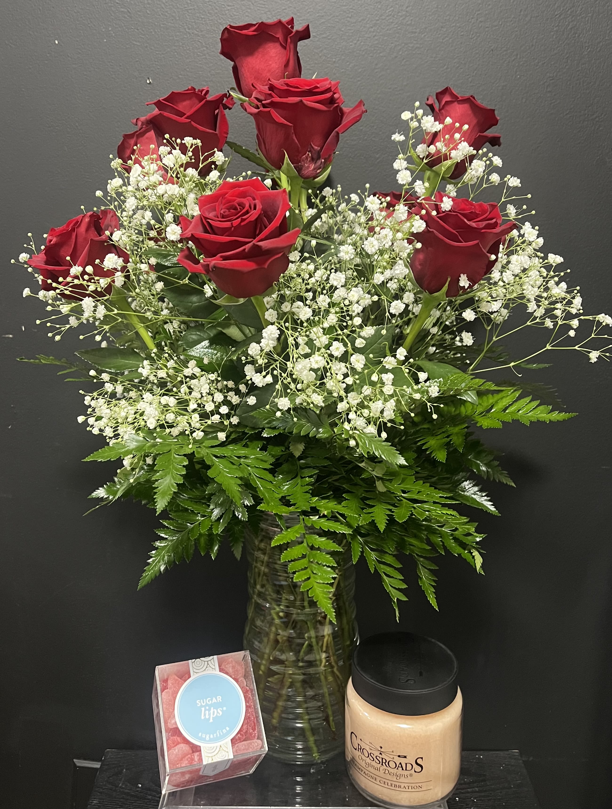 Champagne and Kisses Bundle - 16 oz Champagne Candle Sugarfina Gummy Sugar Lips -Strawberry, Cherry and Watermelon  Doz Red Roses 