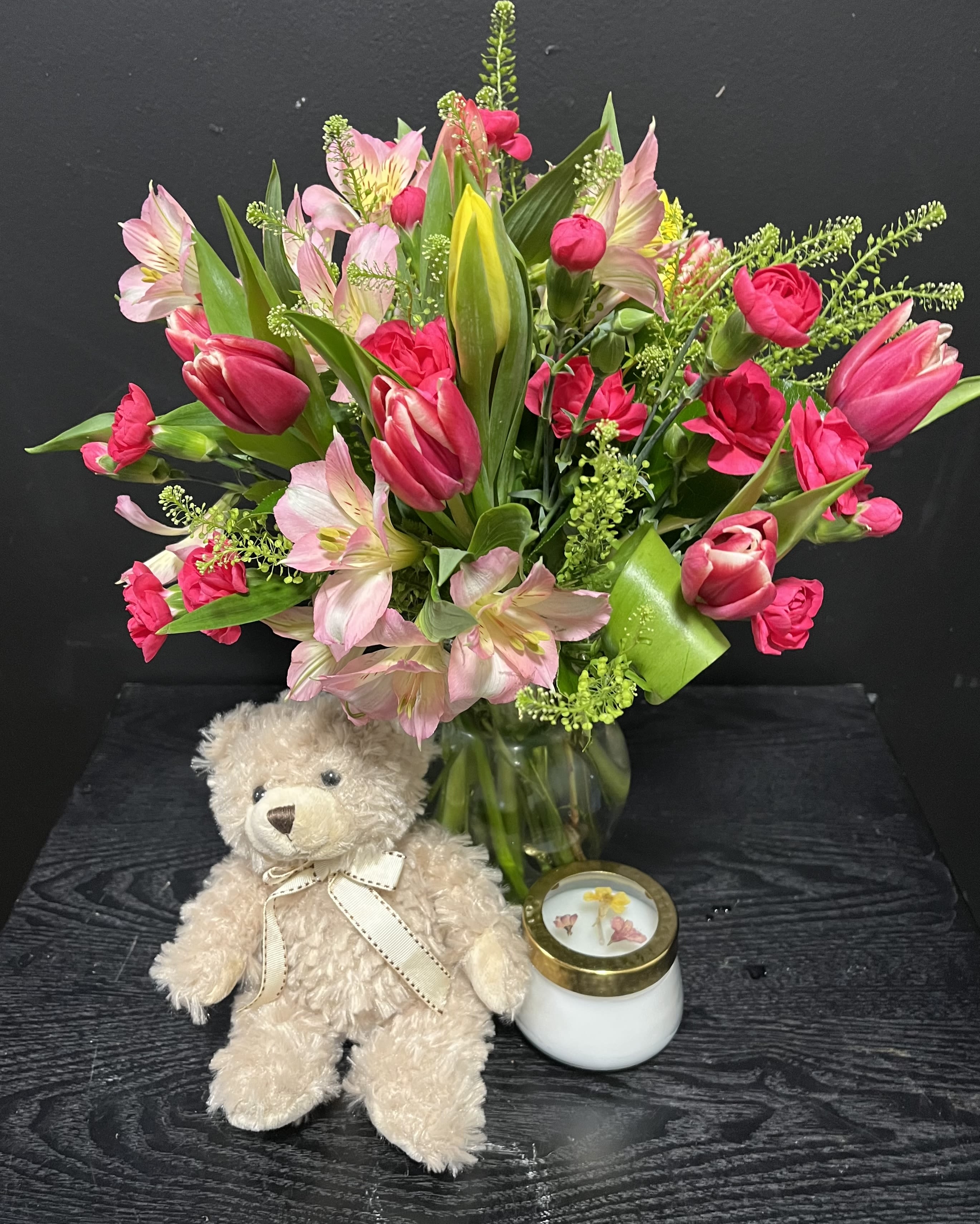 Happy Day Bundle - $50 Designer’s Choice Arrangement  Pressed Flower Rosy Ring Candle 9 in Teddy Bear