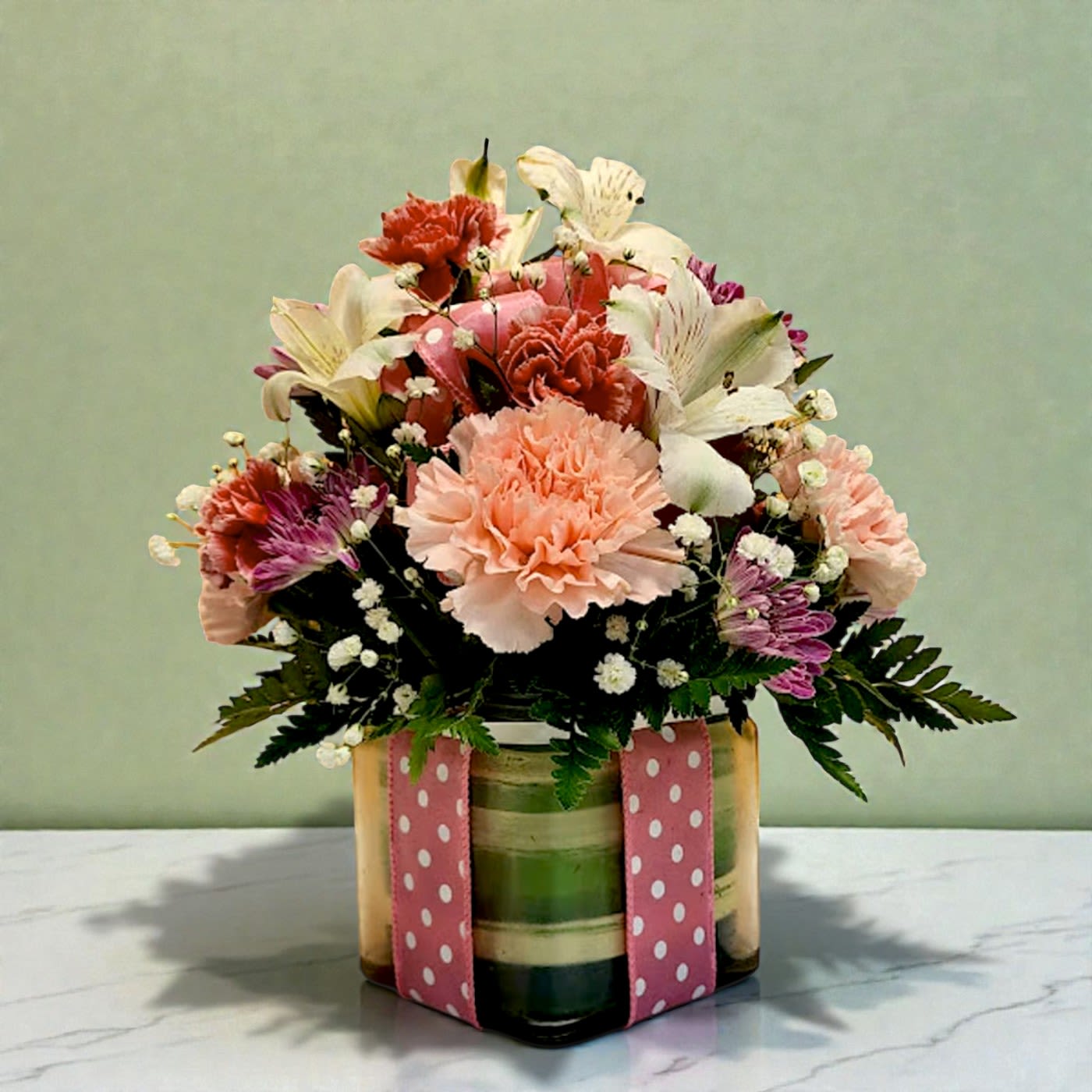 Polka Dot Blooms Bouquet - Light Pink - Polka Dot Blooms Bouquet - Light Pink,  featuring a 4" glass cubed container filled with beauty and all accented with babies breath and a fun pink and white polka dot ribbon and bow.  