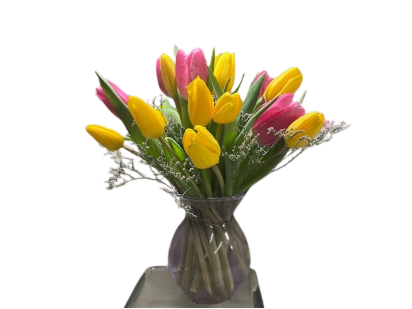 Kiss My Tulips - 24 tulips arranged beautifully in colored glass vase with caspia