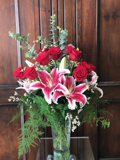 Romance Bouquet  - 12 lush red roses with fragrant Stargazers