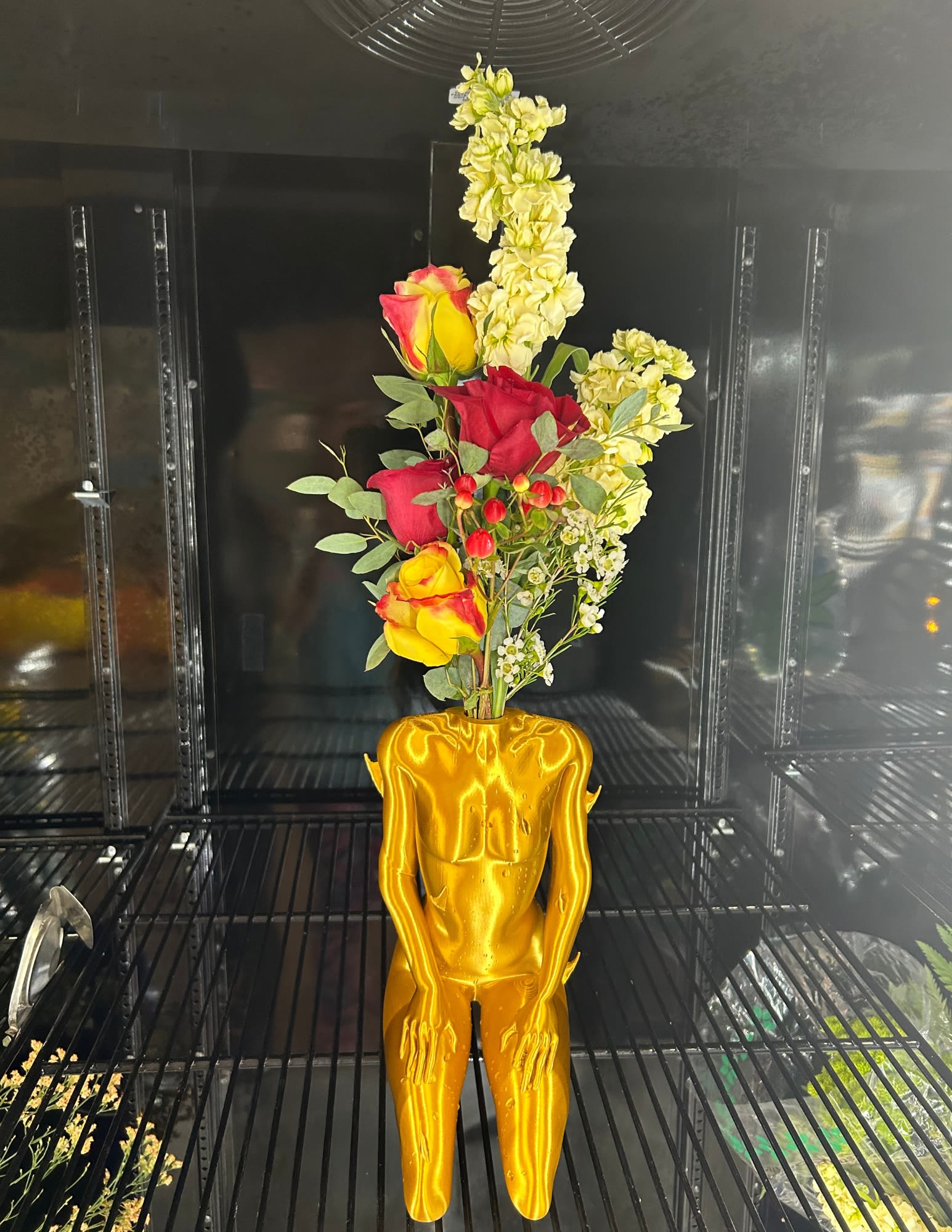Royal Woman  - Figure standing about 12" tall, this piece is timeless. Custom 3d printed vase by a local artisan, to encapsulate the beauty of a woman.  complete with bright red roses, magic roses and golden stock.  