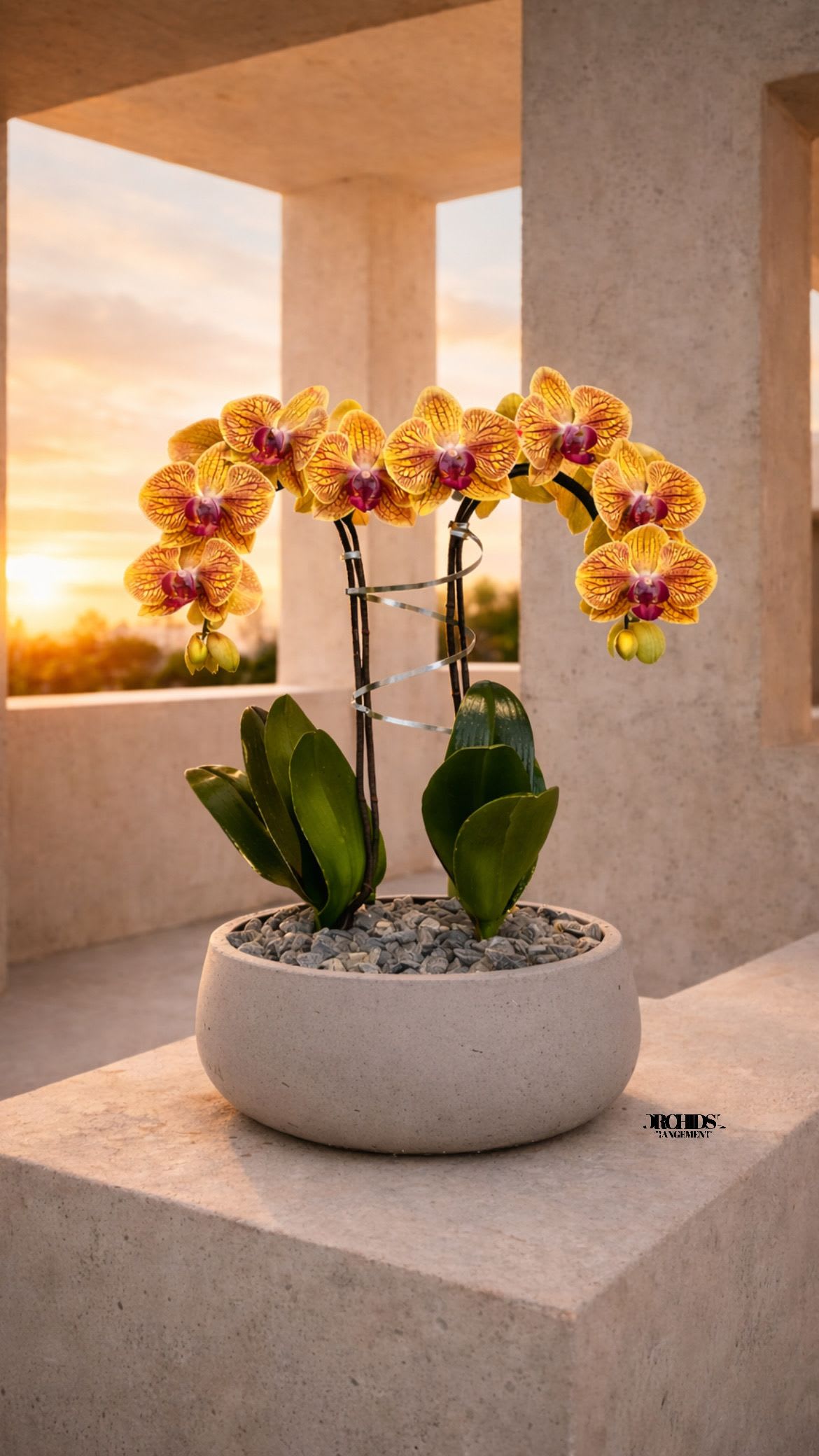 Same Day Peach Orchids Cascade - A high quality Double peach orchids arrangement with a vase 12.5" D X 5" T. An orchid arrangement flower deliver for any occasion design with fresh natural real beautiful Phalaenopsis cascade orchid plant minimalist decor.