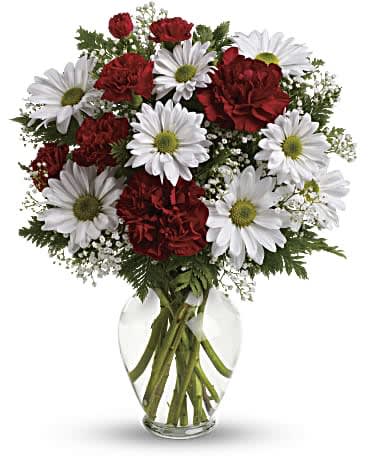 Kindest Heart - Share your heart's true feelings with this delightful red and white bouquet. A lovely choice any day of the year, this charming mix of red and white blooms is a classic show of kindness they'll always remember. Red carnations, white daisies , baby's breath and leatherleaf fern.