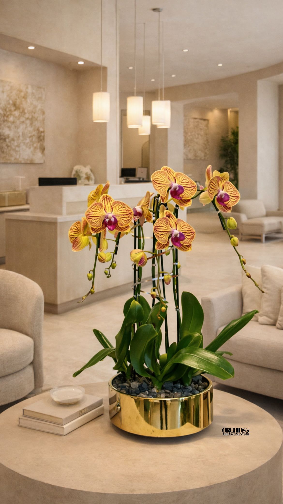 Peach Flowers Same Day - A high quality Four peach orchids arrangement with a vase 12" D X 5" T. An orchids arrangement deliver for any occasion design with fresh natural real beautiful Phalaenopsis cascade orchids plants minimalist decor.