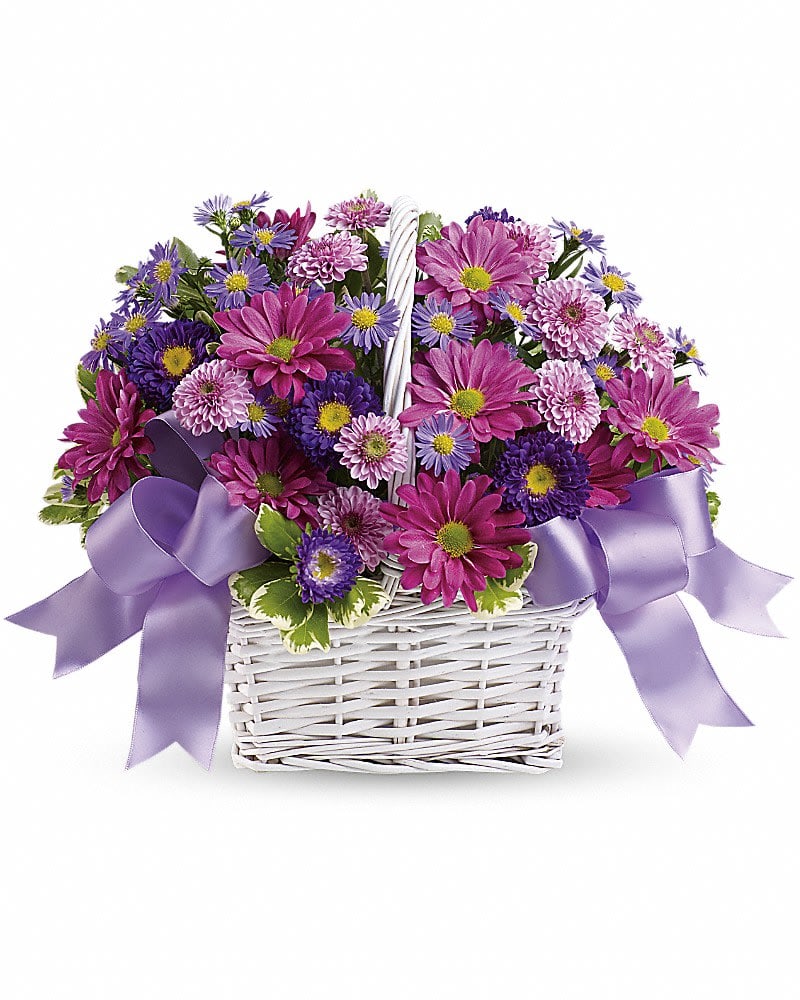 Daisy Daydreams - Get a handle on spring with this delightful array of floral favorites in a charming white bamboo basket accented with lavender ribbon. Surprise someone who could use a lift. It will make you both happy. The cheerful bouquet includes lavender daisy spray chrysanthemums, dark purple Matsumoto asters, lavender cushion spray chrysanthemums and purple Monte Cassino asters accented with fresh greenery. The flowers are delivered in a white bamboo basket accented with a lavender gingham ribbon.Approximately 12 1/2" W x 10 1/2" H