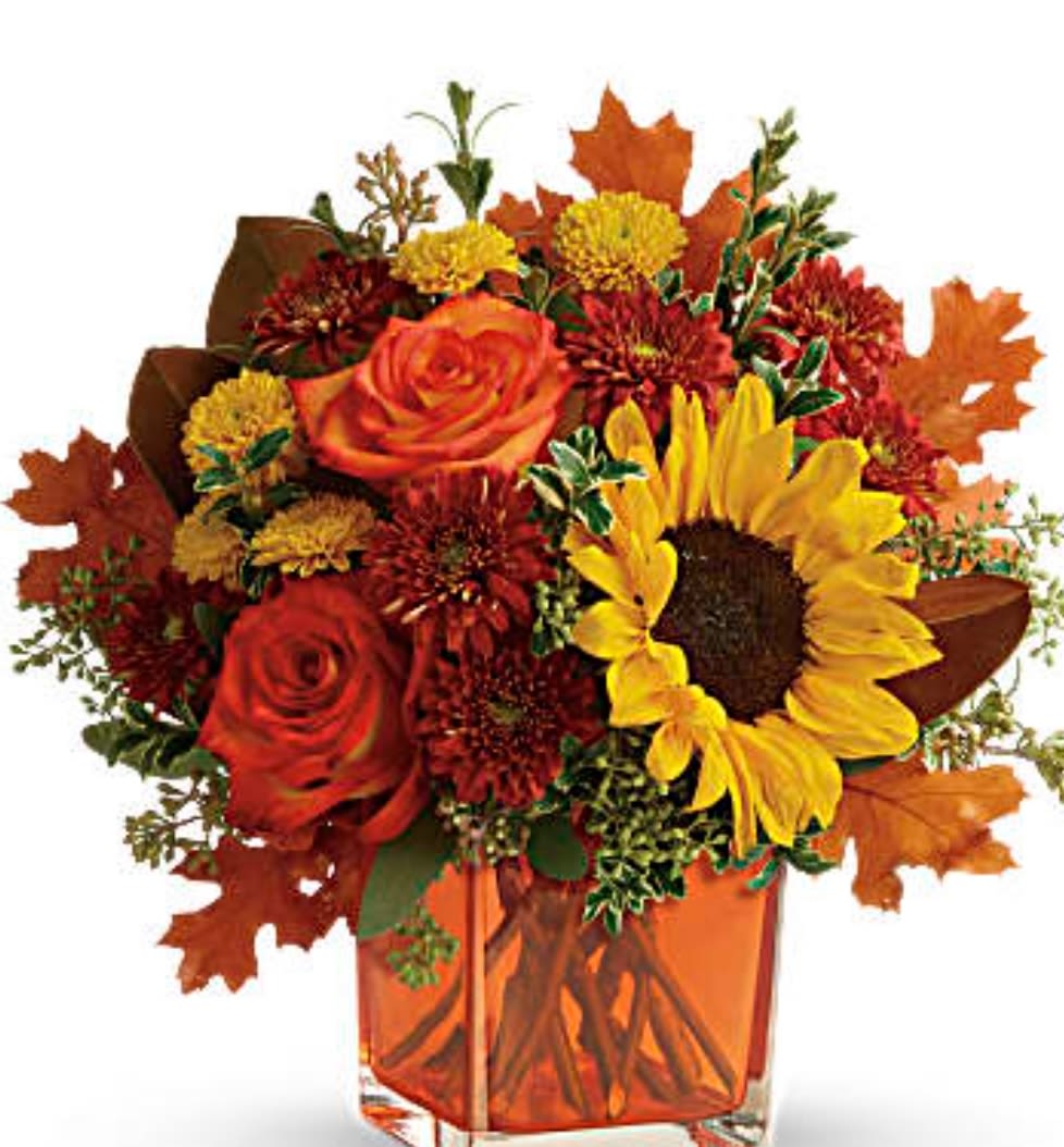 Hello Autumn - Greet the new season with this heartwarming sunflower and rose bouquet, presented in orange cube vase.