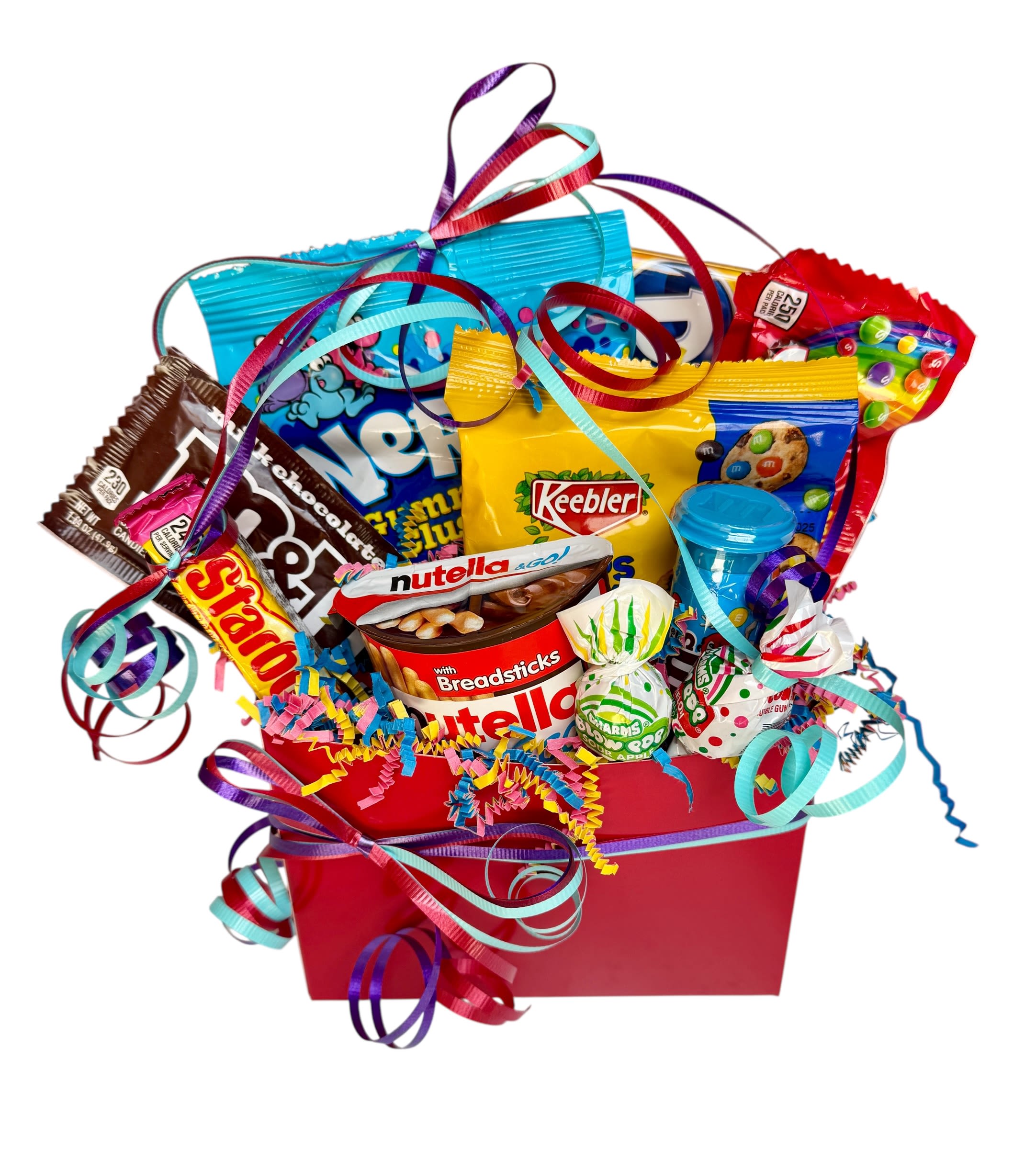 Bright red gift box filled with assorted candy packages and colorful curling ribbons.