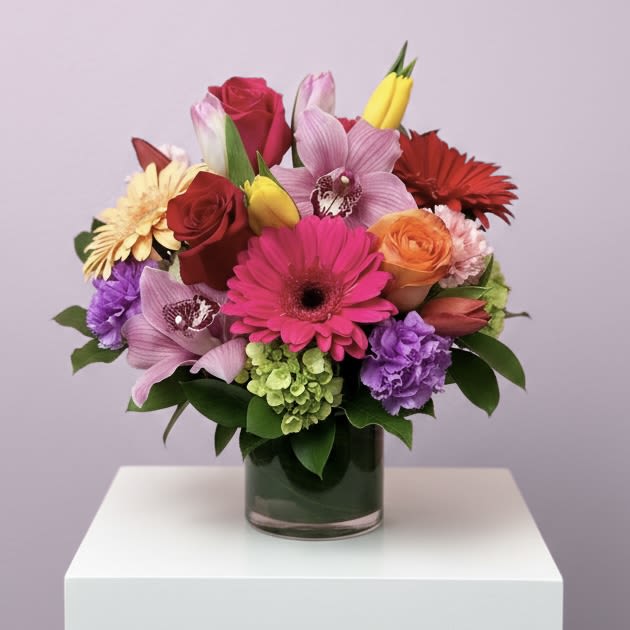 Special of the Week - Save $25! - SPECIAL OF THE WEEK | LOCAL DELIVERY ONLY $25 off this bright mix now through Saturday 2/21/26  A bright and vibrant mixed-color arrangement designed in a clear cylinder with a fresh leaf wrap. Featuring mojito hydrangea, roses, tulips, gerbera daisies, carnations, and cymbidium orchid blooms, this cheerful design is full of energy and seasonal beauty.  • Normally $85 — Special price $60 for orders placed now through Saturday, 2/21/26  (please note: Delivery fees still apply). • Colors will be bright and mixed for the same lively feel. • For this week only while supplies last.