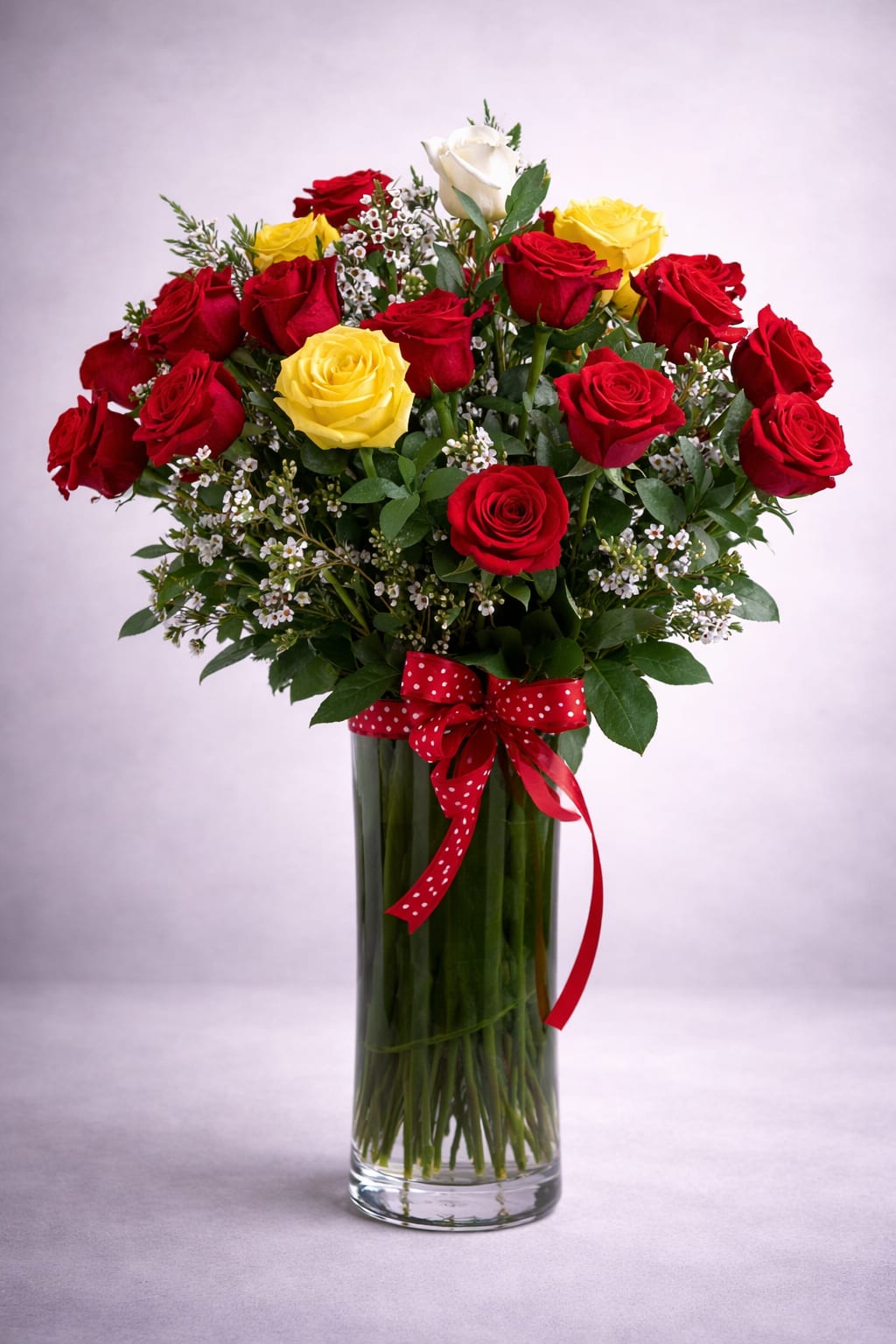 Rose Parade - A large arrangement of all roses in a  tall glass vase. This arrangement contains 28 red roses, 3 yellow and one white. If other colors are prefered for color, please note in special instructions box