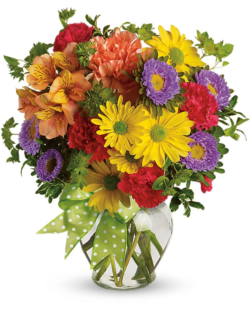Make a Wish - A summery mix of yellow daisy chrysanthemums, purple asters and red and orange carnations - arranged in a clear ginger vase and adorned with a cheerful green plaid bow - will make their wishes come true! Yellow daisy spray chrysanthemums, purple Matsumoto asters, red miniature carnations, orange carnations and alstroemeria - accented with bupleurum - are delivered in a miniature ginger vase adorned with a plaid green ribbon.Approximately 10 1/2" W x 12 1/4" H