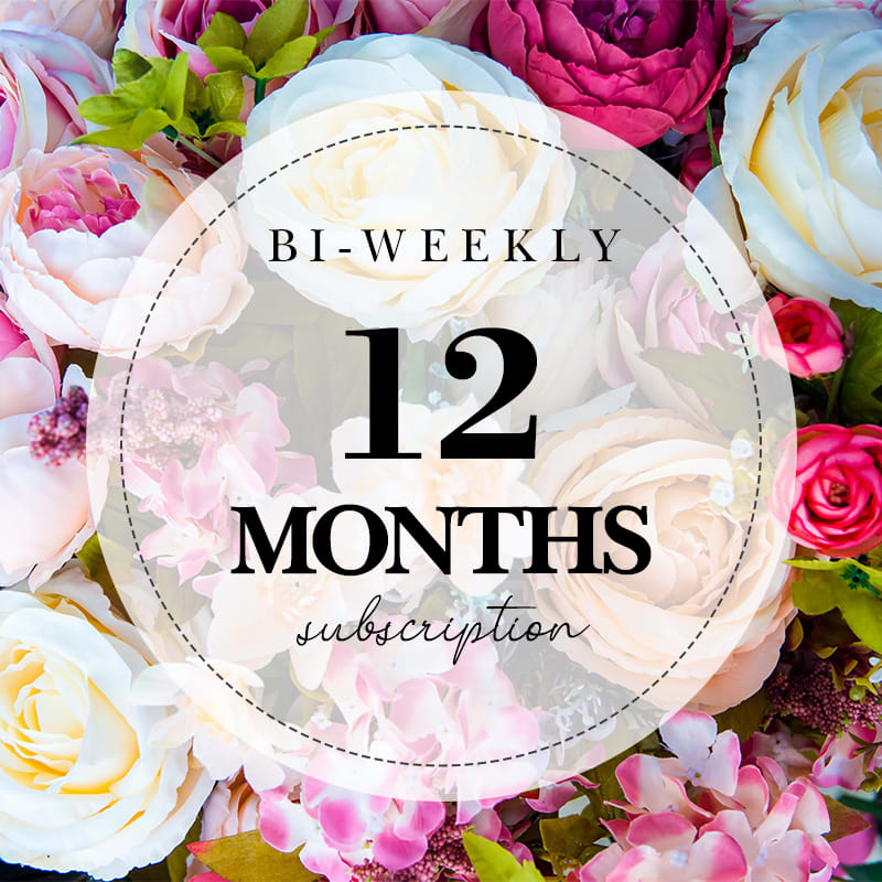 Bi-Weekly Flower Delivery - 12 Months - What's better than one flower arrangement? 24 arrangements and the subscription also includes 23 FREE deliveries, you only pay for the first one! *** All subscriptions include 1 delivery charge &amp; the rest is on us!  ****  The perfect gift to yourself, for an anniversary, or to a loved one; fresh flowers in their space that will remind them of your thoughtfulness and love.  Our subscription makes every gifting moment easy because you can change the recipient, delivery date, style, and size of your subscription any time after your first order.  When ordering, please include any special occasions (i.e. birthdays, anniversaries, etc.), flower preferences, favorite colors, or any other request in notes during checkout. Please include recipient name, address &amp; date of delivery and card message if different than initial order.  You control the deliveries and can make changes.  Change recipients: You can switch up your recipient with every order - You can send one to mom, the next one to your friend, the next one to yourself!  Floral arrangements will be seasonal mixed flowers arranged in a clear glass vase.    We love making our monthly subscriptions change the recipient's space, happiness, and overall well-being.  This subscription also includes 23 FREE deliveries, you only pay for the first one.  Upgrade to Deluxe or Premium for more stems.  Perfect for treating yourself, gifting, and housewarming.