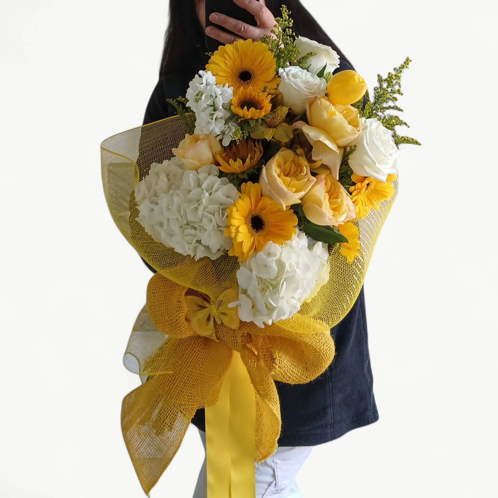Yellow Fashion Bouquet Designer's Choice - Roses orchids and so much more arranged as a presentation style bouquet wrapped in paper with long flowing ribbons. Gorgeous and perfect to present to them to show them how much you care. All of my bouquets are always made extra special.