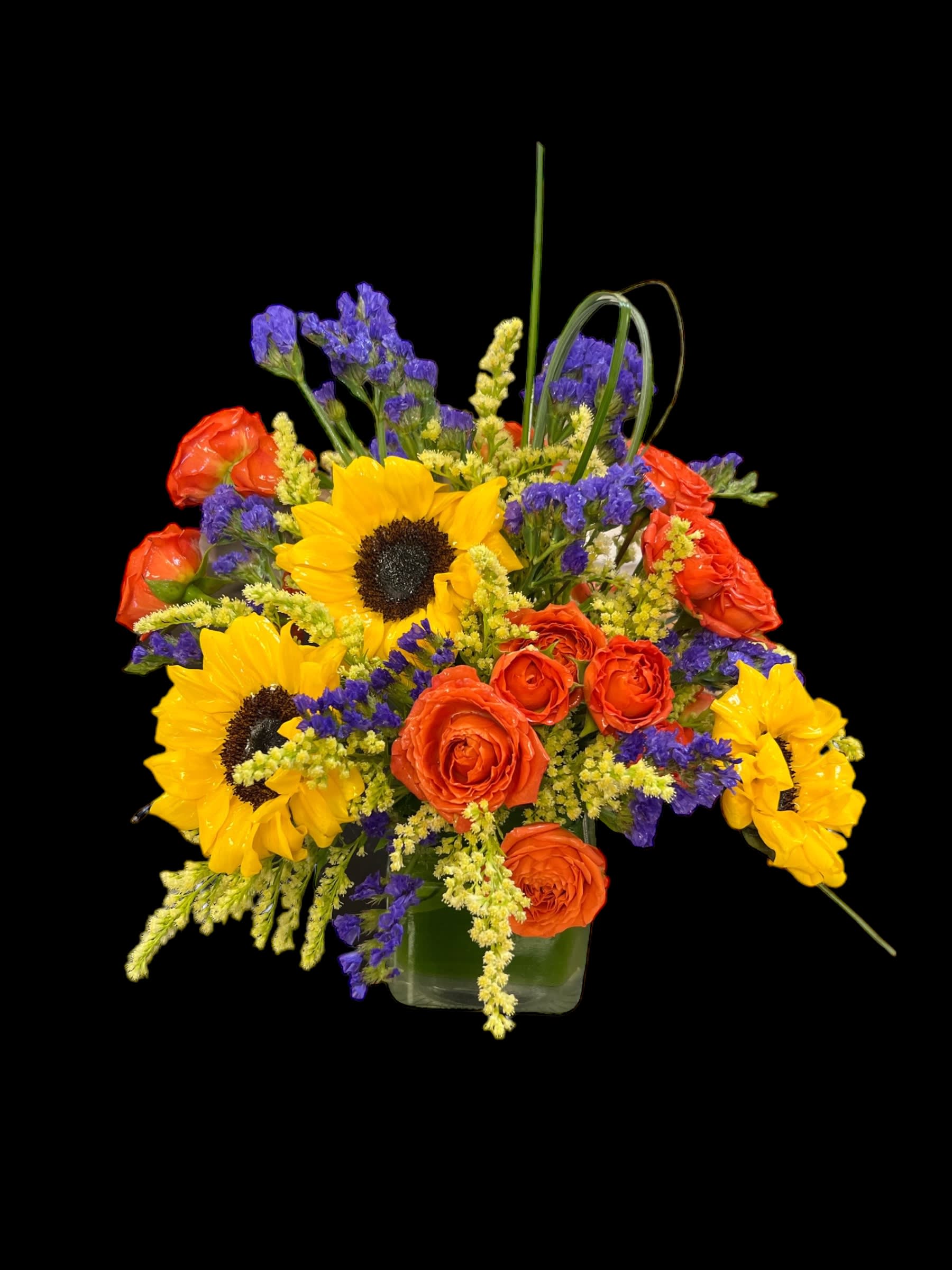 Horizon  - What a lovely way to say good morning to your favorite person with this beautiful arrangement of sunflowers and orange spray roses. Designed in a 4x4 cube. 