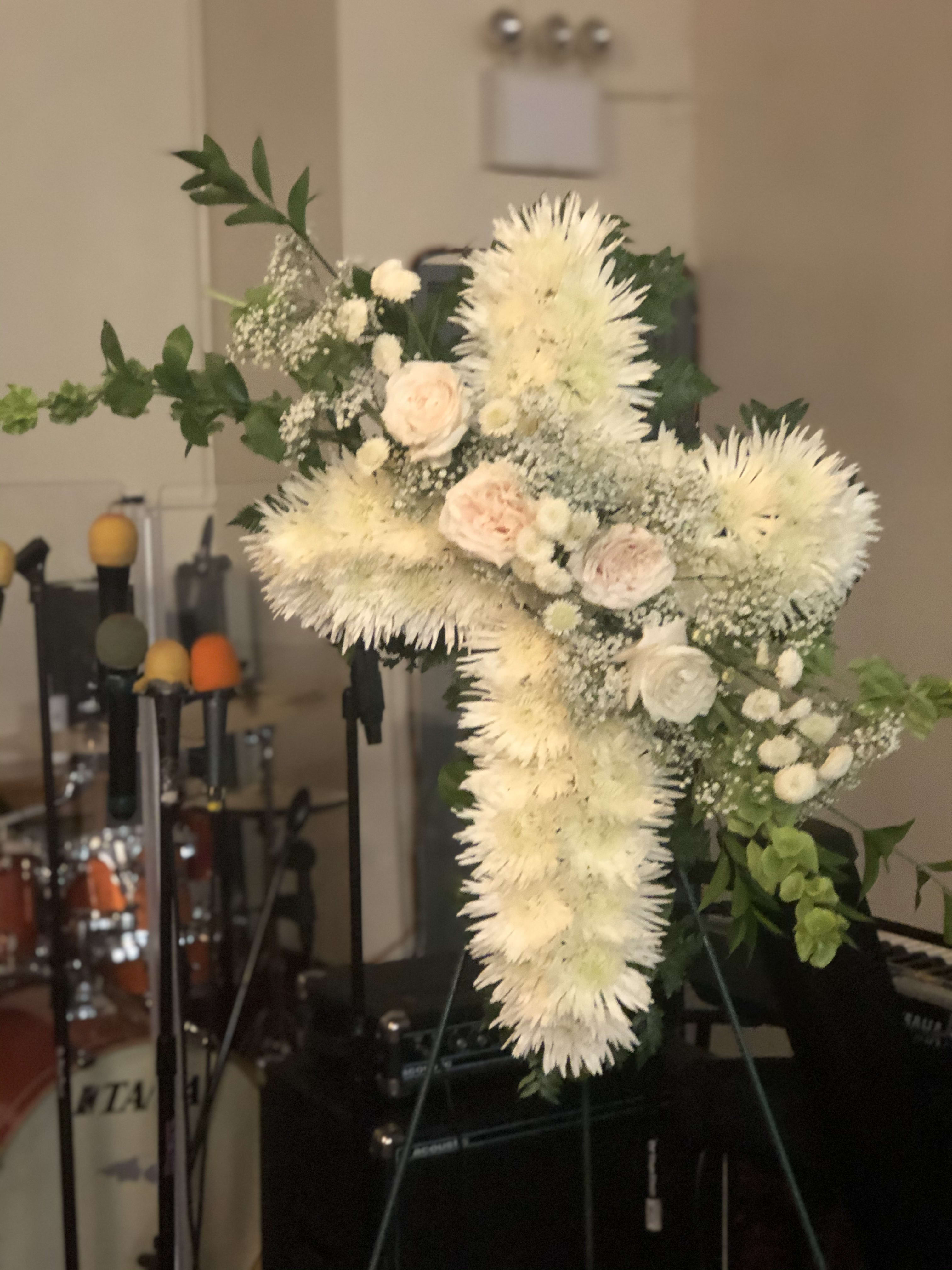  Pure Sympathy Cross  - Cross decorated with white flowers and a touch of greenery 