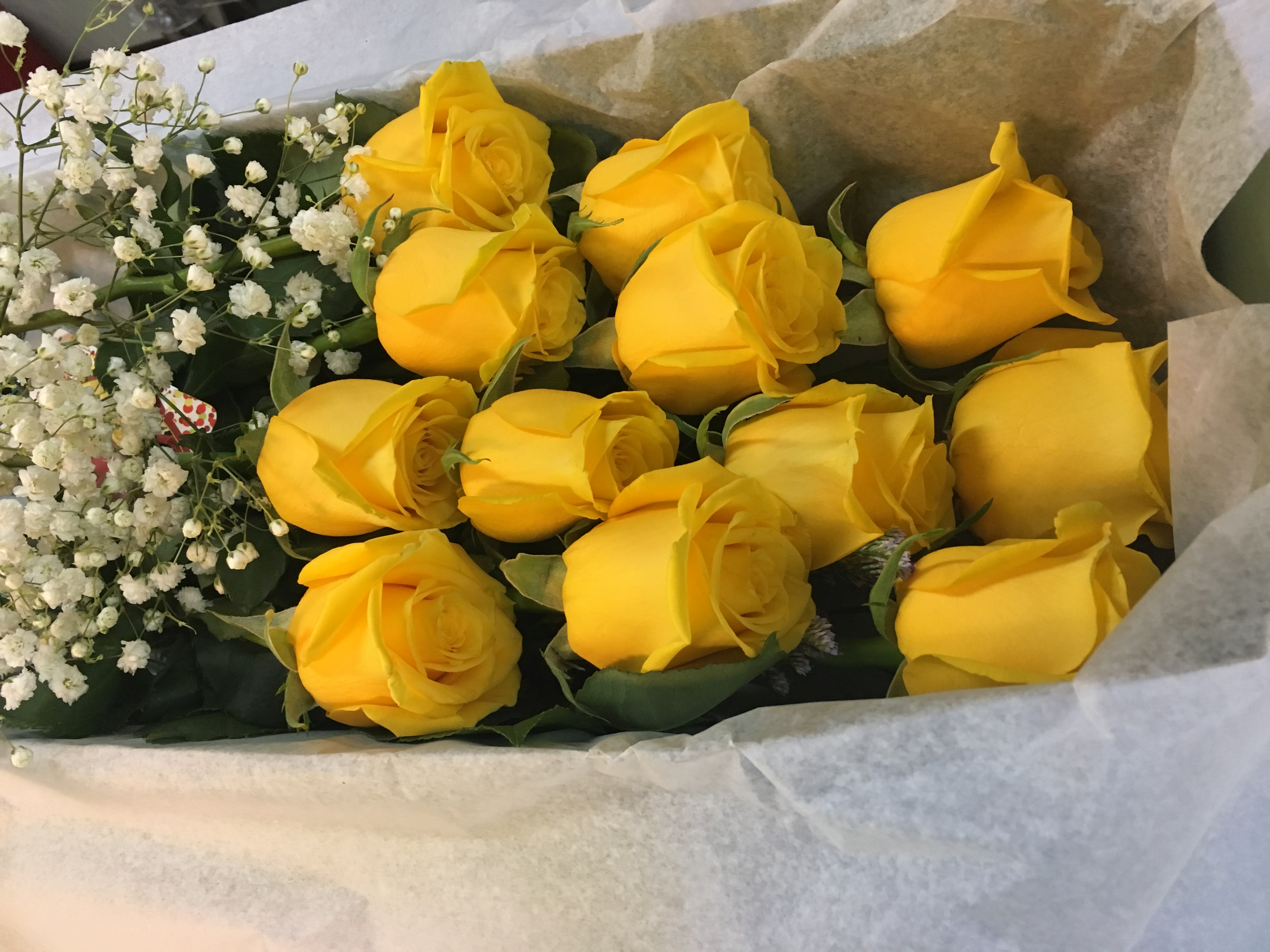 Long Stem Roses Boxed   (Call  for your Color.) - Long Stem Roses.  One Dozen Roses Boxed ,Fancy Greens.   The Picture is Yellow but if you desire a different colored rose  please call the store (908) 234-2900.