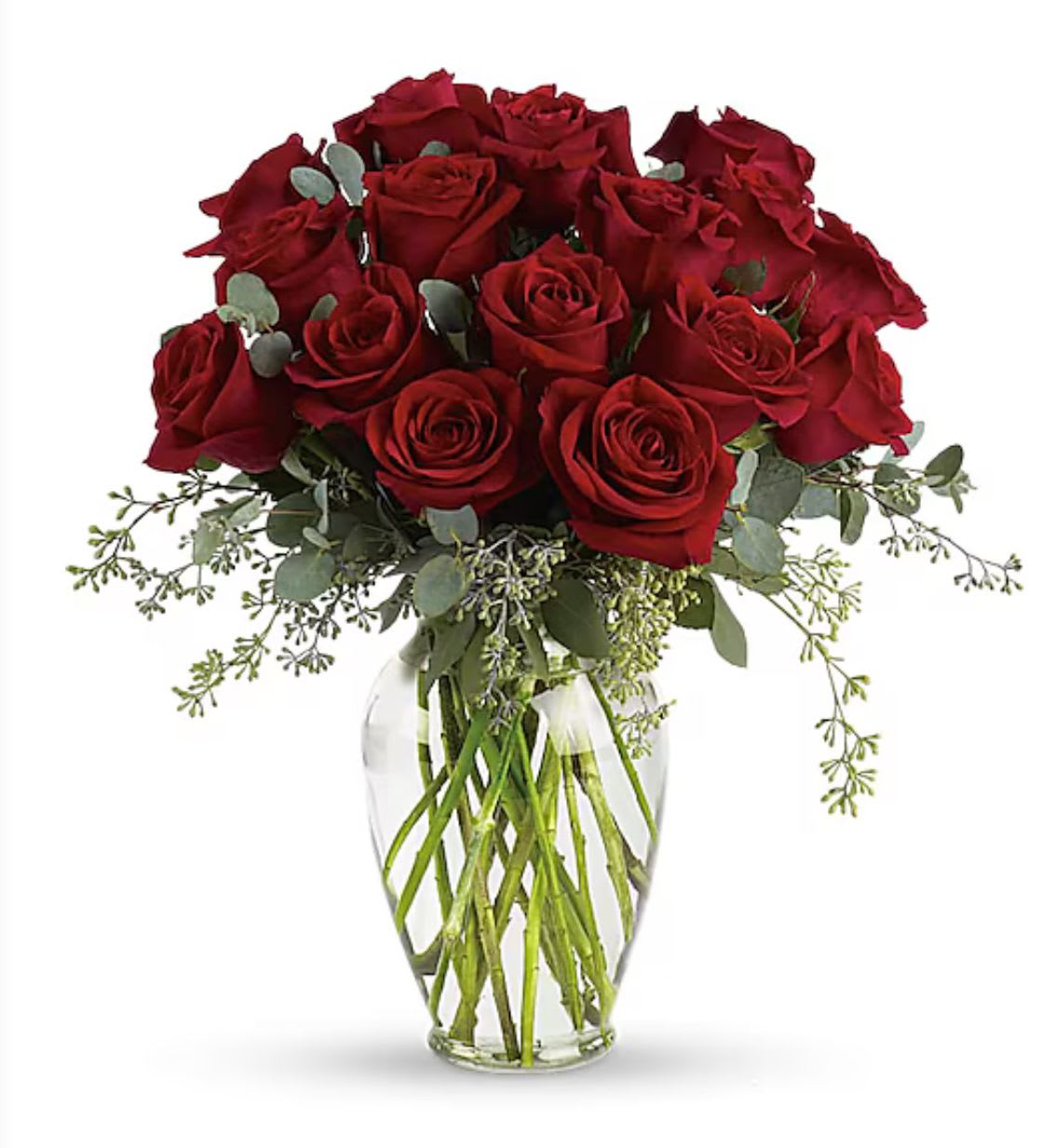 Forever Beloved  - Forever beloved. Forever in your heart. Forever close to you. This beautiful rose arrangement symbolizes a shared life or a sacred moment, dignified with love and grace. Sixteen rich red roses are thoughtfully arranged with fresh eucalyptus in a classic ming urn, creating a timeless tribute. Say it with flowers, when words cannot express the feelings in your heart. Arrangement is also available in 30 &amp; 42 stems. 