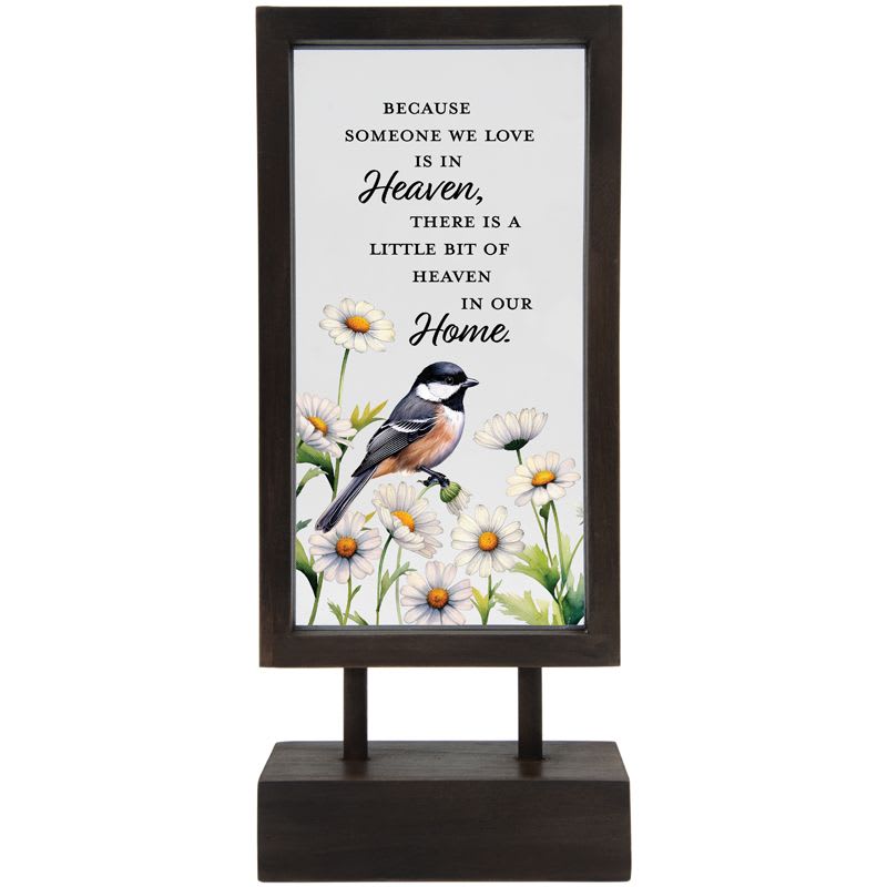 Eckert Florist's "Heaven in our Home" Tabletop Décor *Our Local Delivery Only - This Tabletop Memorial Décor Keepsake is comprised of wood and glass and will be the perfect addition to someone's table or nightstand. Designer bow and our signature bird and twig will also be attached. W: 5 1/2" H: 13 " D: 2 3/4 " *Our Local Delivery Only
