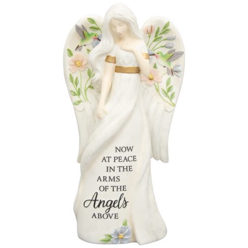 Angel Now At Peace  - Thes angel figurine is 12 inches and is made of hand painted resin. It makes a beautiful addition to any room. W: 6 1/2" H: 12 " D: 4 " Inscription reads," Now at peace in the arms of the angels above."