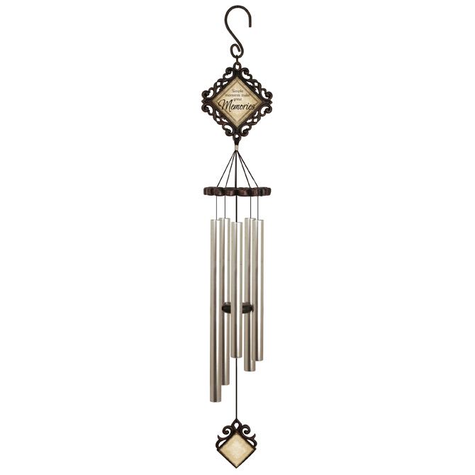 Eckert Florist's "Memories" 35" Vintage Wind Chime *Our Local Delivery Only - Our Vintage Chimes have a wrought iron look with light champagne tubes and a ceramic-like tile insert. Crafted from aluminum and polyresin, and the tubes have a durable anodized finish. Chime Header Reads: Simple moments make great Memories Dimensions: 35"L x 5" diameter *Our Local Delivery Only