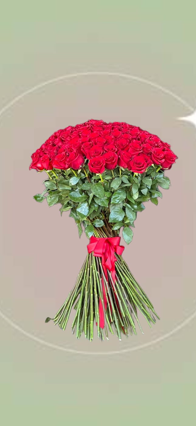 100 Red Rose Bouquet  - A dramatic bouquet of 100 stunning red roses featuring beautifully exposed stems with their natural leaves intact and finished with an elegant ribbon wrap. A bold, refined statement perfect for Valentine’s Day and any special occasion.    Some florals are seasonal, if a particular flower will not be available due to season, we will substitute for similar flower, composition, color pallet and value of the arrangements as closely as possible. All effort to create a floral arrangement as close to the photo shown, the actual arrangement may vary slightly in its appearance from the photo shown. If you have any questions about your order, we welcome you to call us in or email    Holiday Delivery:  Same-day delivery available. Deliveries are made throughout the day based on routing.