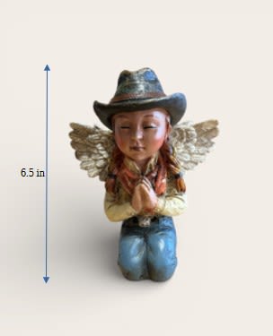 Praying Girl Angel Figurine - This charming 6.5-inch praying girl angel figurine is crafted with beautiful detail and soft, warm tones. Dressed in a rustic outfit with a cowboy hat and gently folded hands in prayer, this piece carries a peaceful and heartfelt presence. His delicate wings and kneeling posture symbolize faith, protection, and comfort.  Perfect for adding to a sympathy flower arrangement, memorial tribute, or celebration of life display, this angel creates a meaningful focal point. It can also be given as a thoughtful keepsake gift for someone in need of comfort or encouragement.  A sweet and touching piece that brings warmth, faith, and remembrance to any arrangement. 