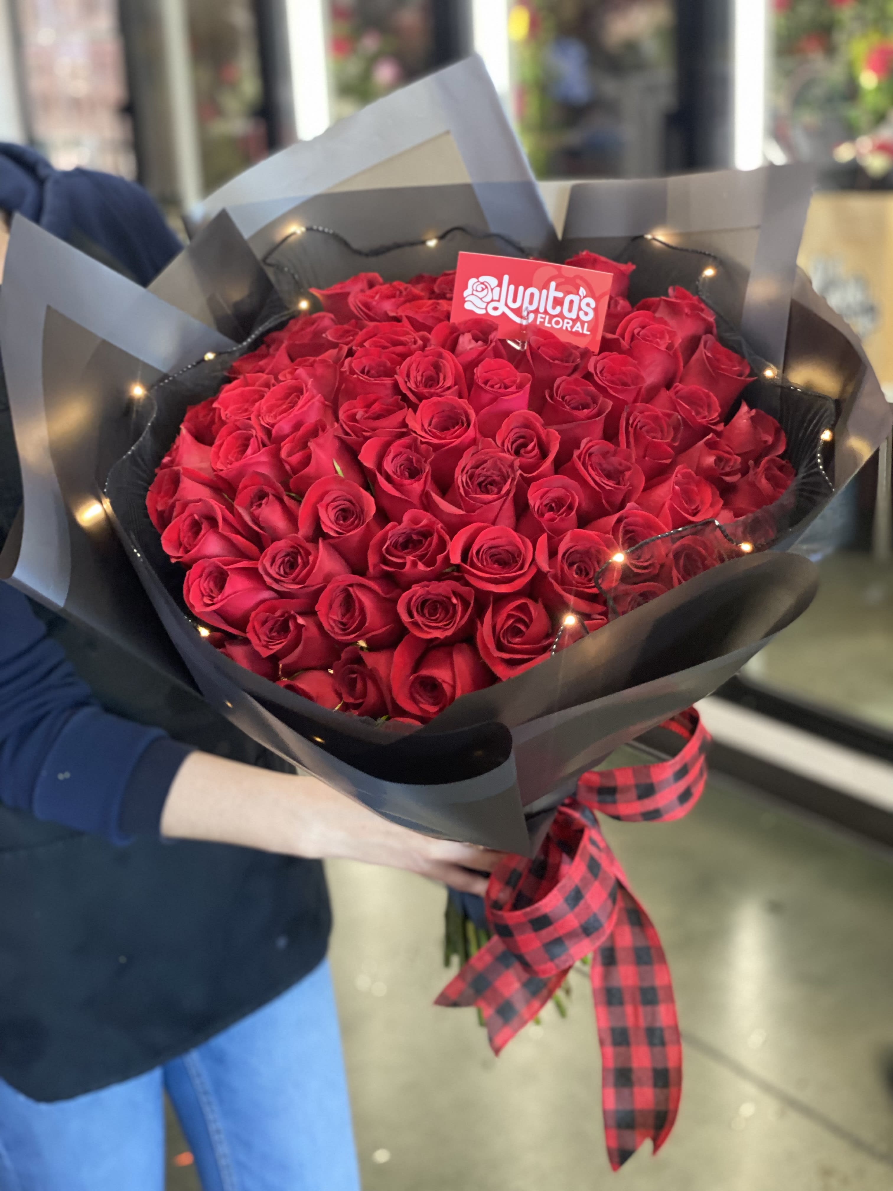 Rose Bouquet with LIGHTS - 3 dozen Roses// 4 dozen Roses// 5 dozen Roses// Lights wrapped all around the roses. These have an ON &amp; OFF switch. You can request different colored paper or roses during checkout under Instructions (the very last steps).