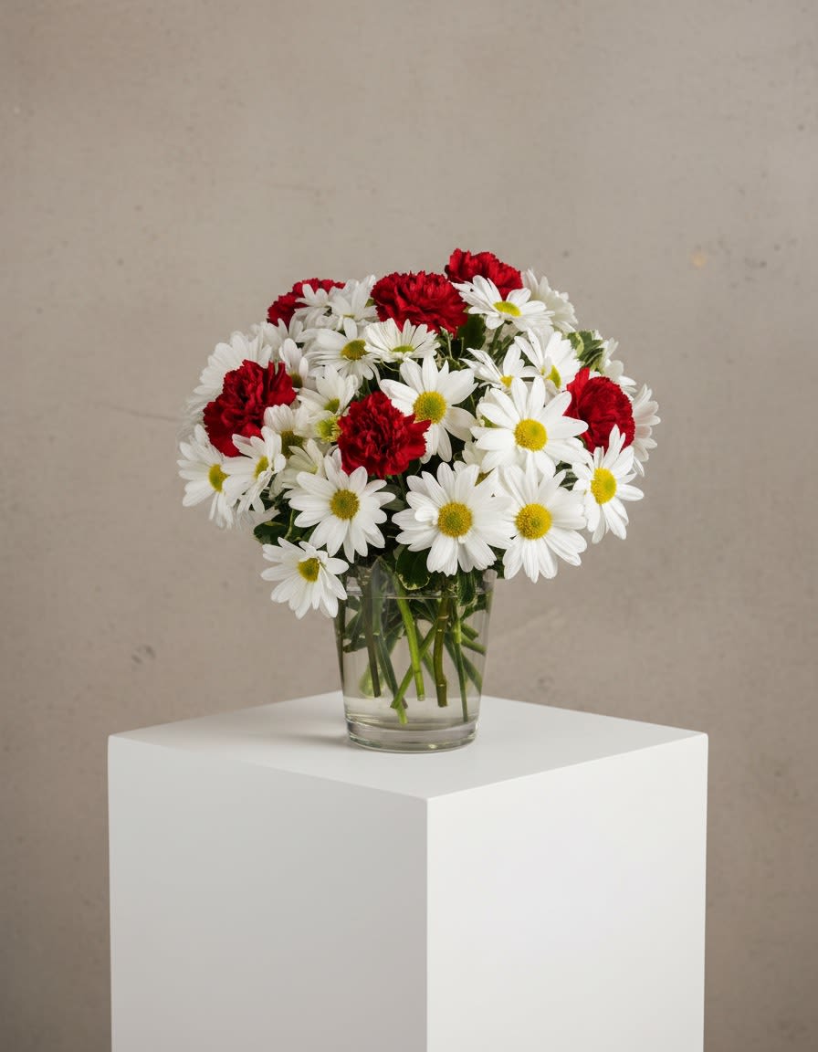 Daisy Crazy  - "Daisy Crazy" by The Rooted Petals is a charming and modest gift that’s sure to leave a lasting impression. This delightful arrangement features vibrant daisies, their cheerful petals symbolizing innocence and joy. Perfect for birthdays or simply to brighten someone's day, this thoughtful bouquet conveys care and affection. Its playful yet elegant design makes it a versatile choice for any occasion, reminding the recipient of your kindness every time they see it. Whether displayed in a home or office, "Daisy Crazy" is a beautiful way to express your sentiments.  Arrangement Details: Includes white chrysanthemum spray daisies, red carnations, and assorted greenery. APPROXIMATE DIMENSIONS: 12" H X 12" W  Substitution Policy We may represent an overall theme or look and include a one-of-a-kind vase which cannot be exactly replicated. Even if we cannot guarantee precise match with the representational photo, its feel and theme will match. Substitutions of flowers or containers might happen due to weather, seasonality and market conditions. We always ensure that the style, theme and color scheme of your arrangement is preserved and will only substitute items of equal or higher value.