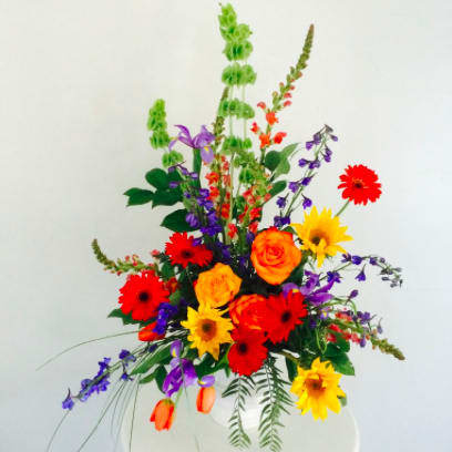 Bright Tribute - beautiful blooms including roses, gerbera daisies, snapdragons, and other seasonal flowers