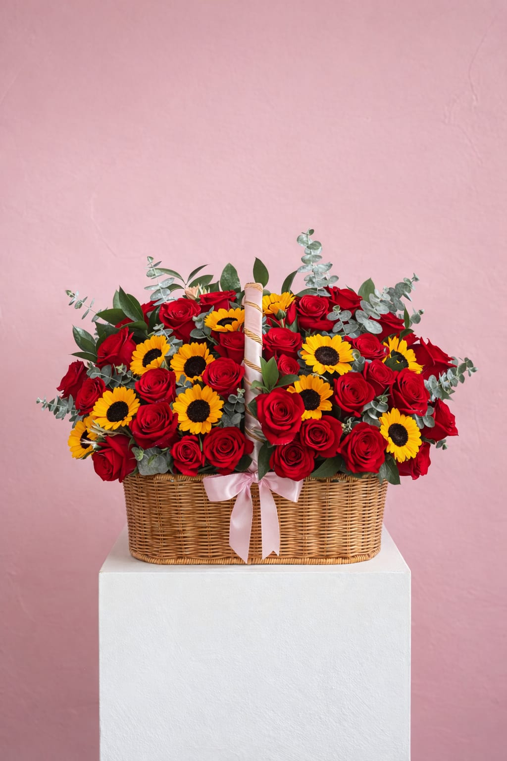 Sunshine &amp; Love Basket - A joyful and romantic basket designed to stand out. This lush arrangement features premium red roses paired with petite sunflowers, accented with fresh eucalyptus and seasonal greenery. The vibrant contrast of deep red and golden yellow creates a warm, cheerful design that symbolizes love, happiness, and admiration.  Designed in a classic wicker basket and finished with a soft ribbon, this arrangement is perfect for Valentine’s Day, anniversaries, birthdays, or to brighten someone’s day with something truly special.  Flower quantities and greenery may vary slightly based on seasonal availability.