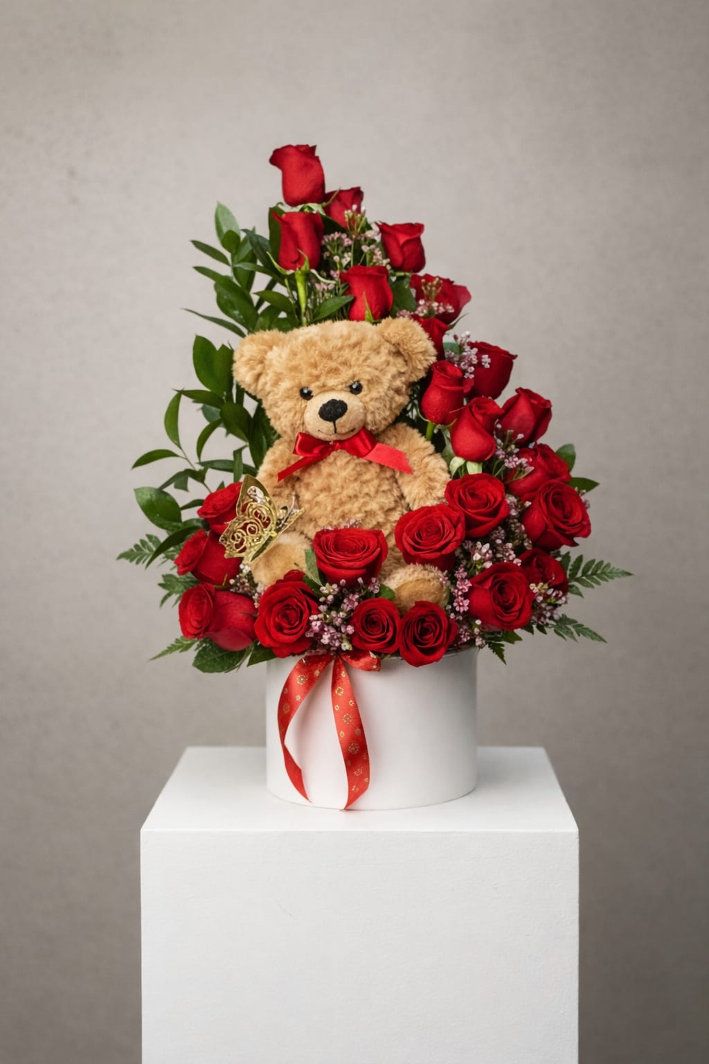 Falling For You Teddy Bear - A charming and romantic arrangement designed to melt hearts. This elegant piece features premium red roses arranged in a soft, garden-style design, paired with lush greenery and delicate filler blooms. At the center, a plush teddy bear adds a sweet and playful touch, making it the perfect gift for Valentine’s Day, anniversaries, or just because.  Designed in a modern white box and finished with a classic ribbon, this arrangement is ideal for expressing love, affection, and warmth in the most unforgettable way.  Rose count and greenery may vary slightly based on seasonal availability.