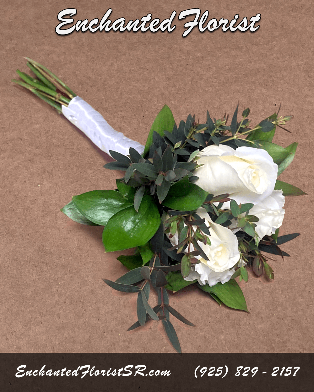 Custom Nosegay - A slender, fragrant bouquet featuring roses and freshly-cut greens. Hand-tied with decorative ribbon.  To place an order, note your preferred rose color and ribbon style # into the 'Florist Instructions' field during checkout. Unless noted otherwise, nosegay will be made with white roses, accented with satin white ribbon as pictured.  Rose color and ribbon styles are pictured in this gallery, and listed below. If you have any questions please give us a call at (925) 829-2157.