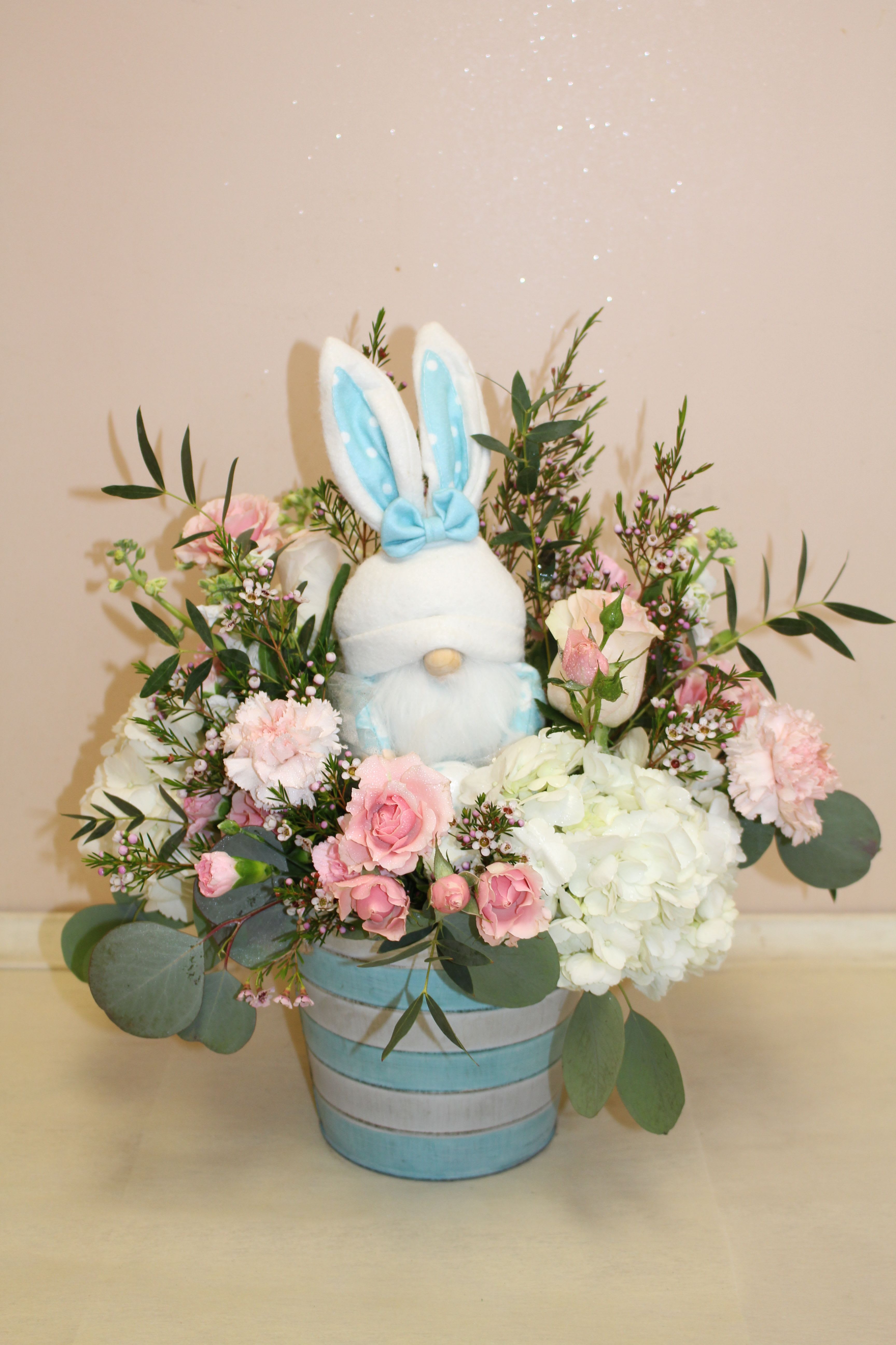 springtime with my gnomies  - A beautiful spring arrangement with a keepsake gnome bunny inside. A lovely way to say happy spring.