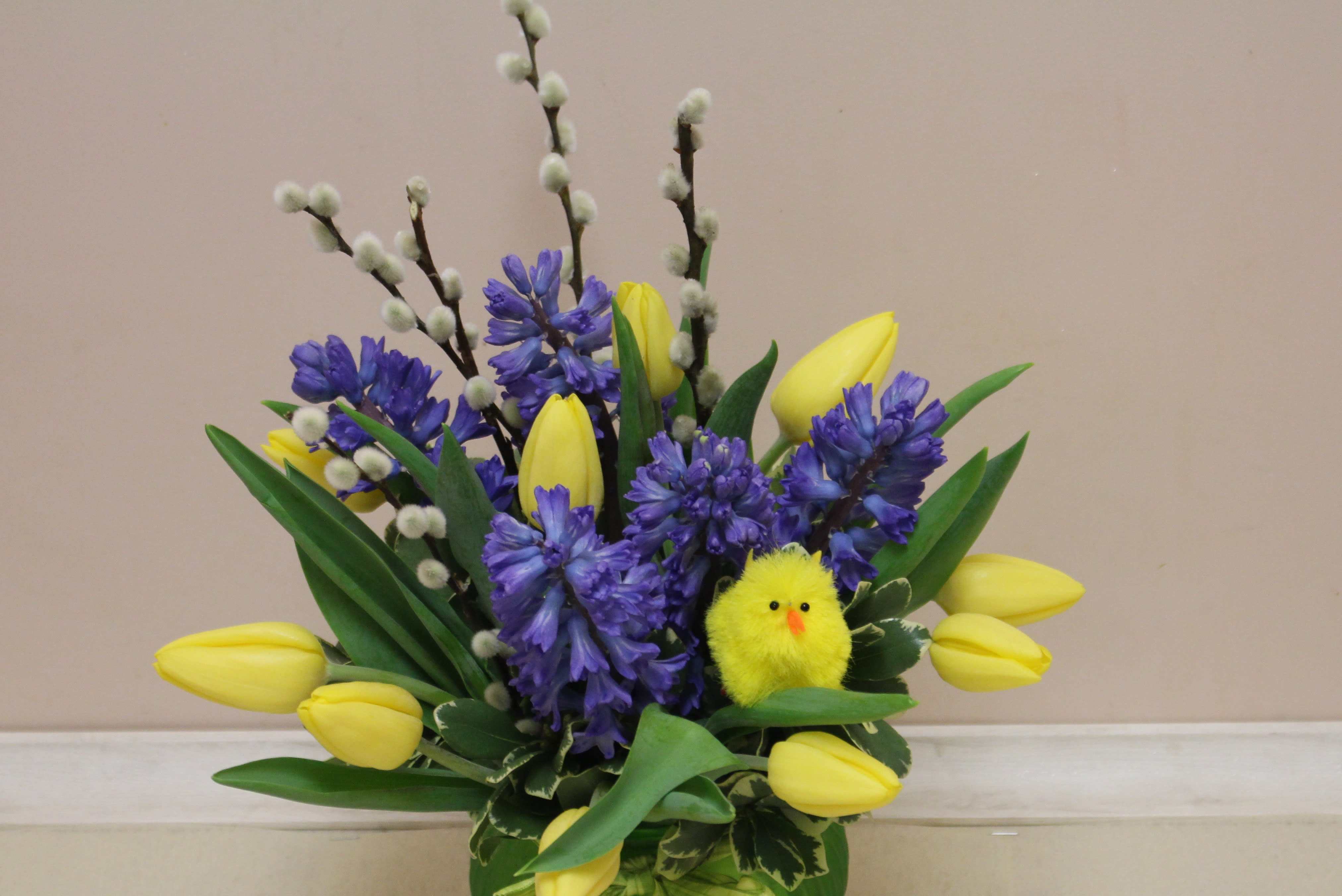 tulips and hyacinth bright - Tulips and hyacinth!  And a little baby chick tucked inside.  A beautiful spring arrangement!  Sure to brighten up any home