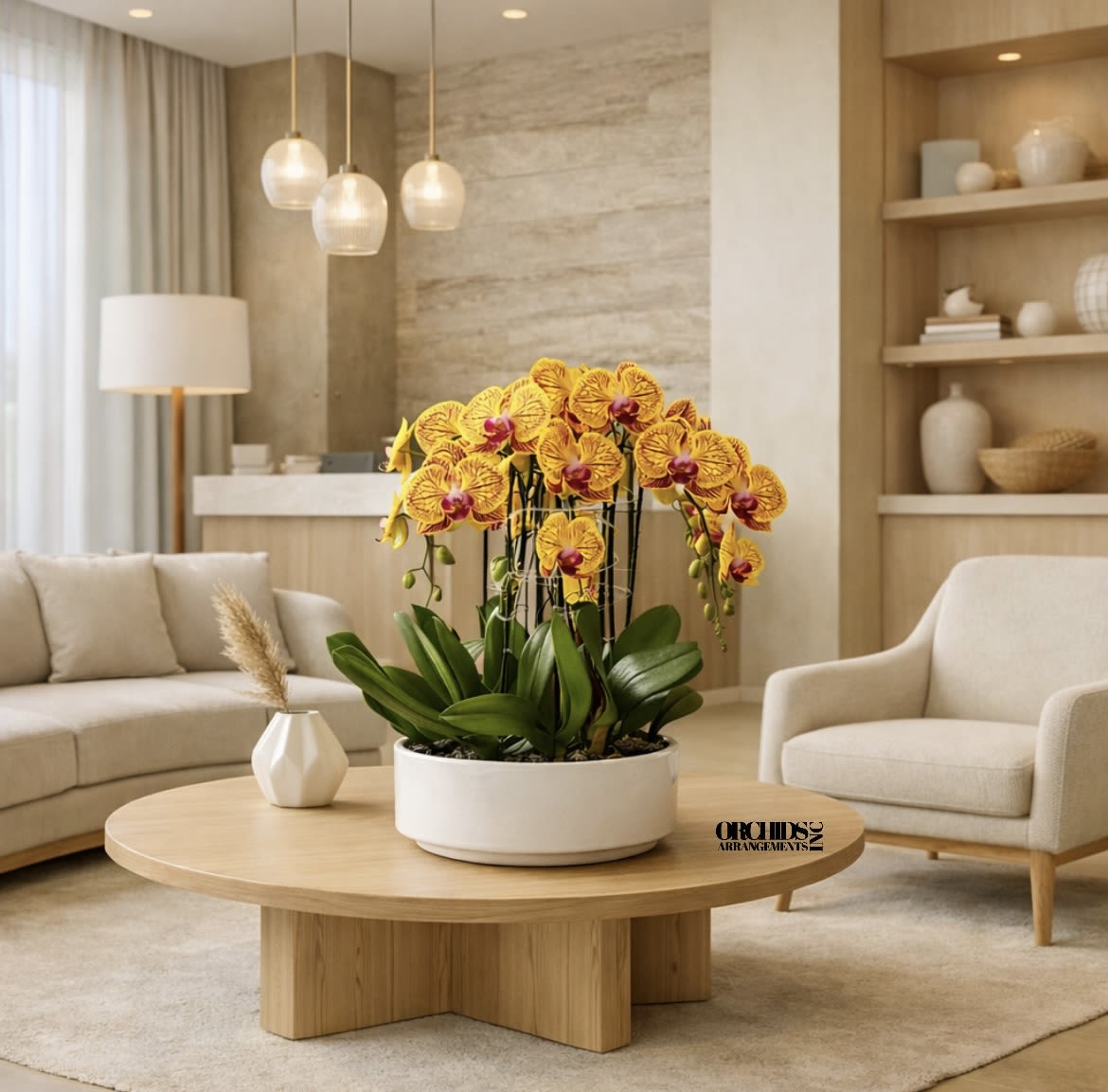 Same Day Peach Flowers Phalaenopsis - A high quality Six peach orchids arrangement with a vase 12" D X 5" T. An orchid arrangement flower deliver for any occasion design with fresh natural real beautiful Phalaenopsis cascade orchid plant minimalist decor.