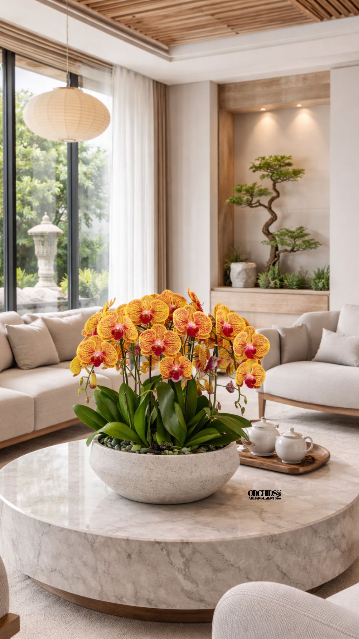 Peach Phalaenopsis Same Day Flower - A high quality Six peach orchids arrangement with a vase 13" D X 4.5" T. An orchid arrangement flower deliver for any occasion design with fresh natural real beautiful Phalaenopsis cascade orchid plant minimalist decor.