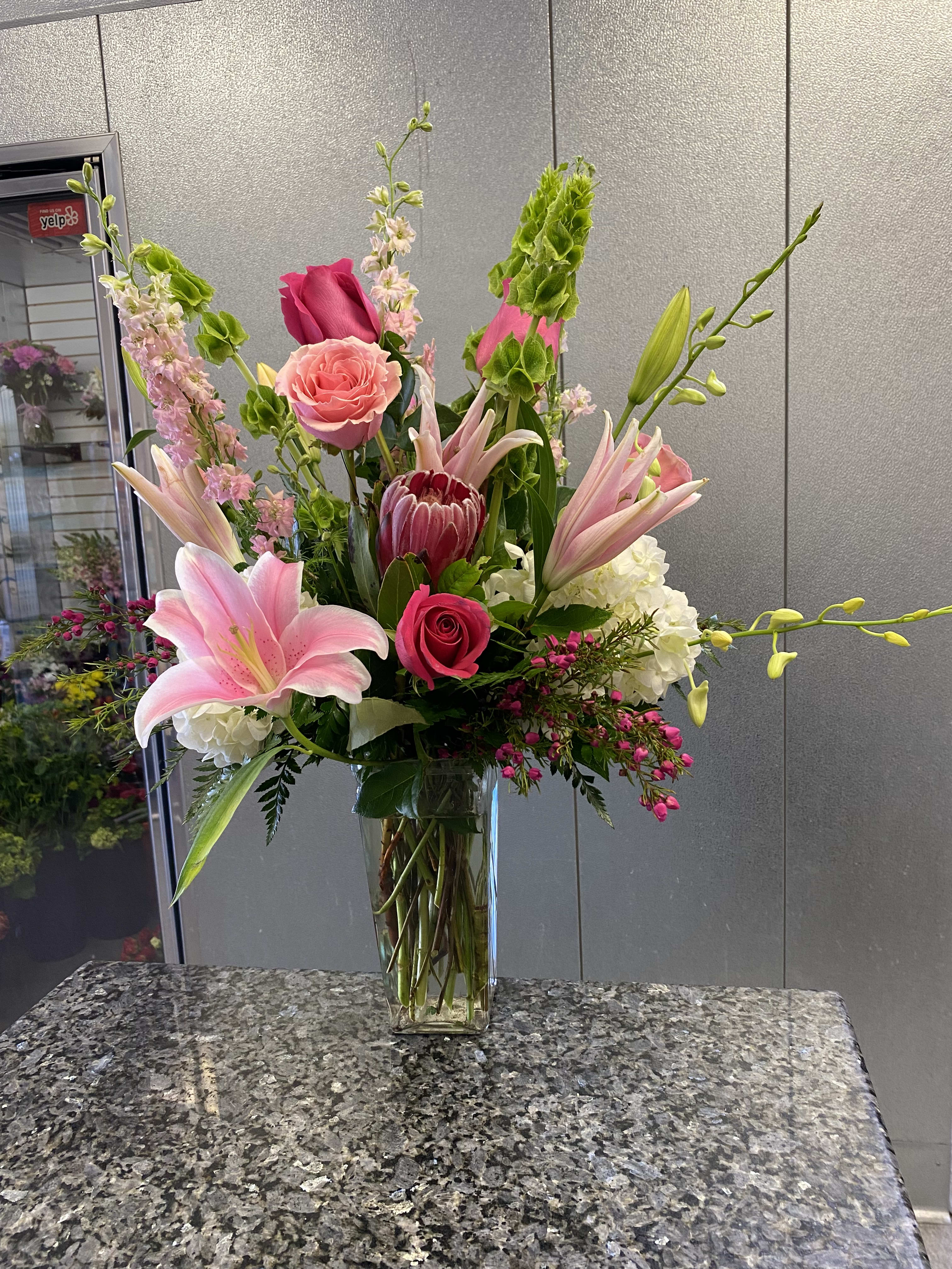 #1 MOM - A Tall Pink Bouquet with Premium Flowers in a Tapered Square Glass Vase