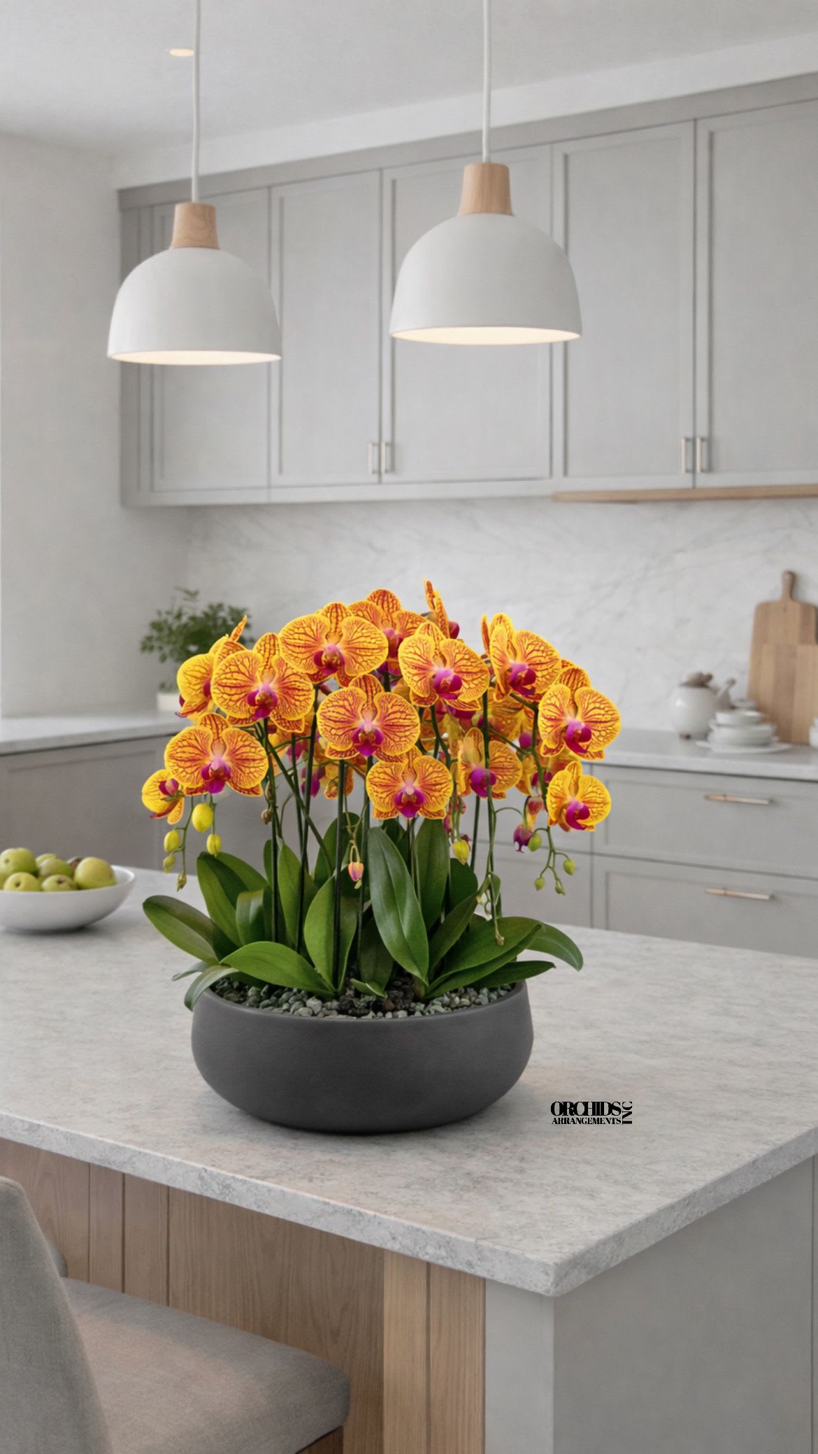 Same Day Phalaenopsis Peach - A high quality Six peach orchids arrangement with a vase 12.5" D X 5" T. An orchid arrangement flower deliver for any occasion design with fresh natural real beautiful Phalaenopsis cascade orchid plant minimalist decor. 